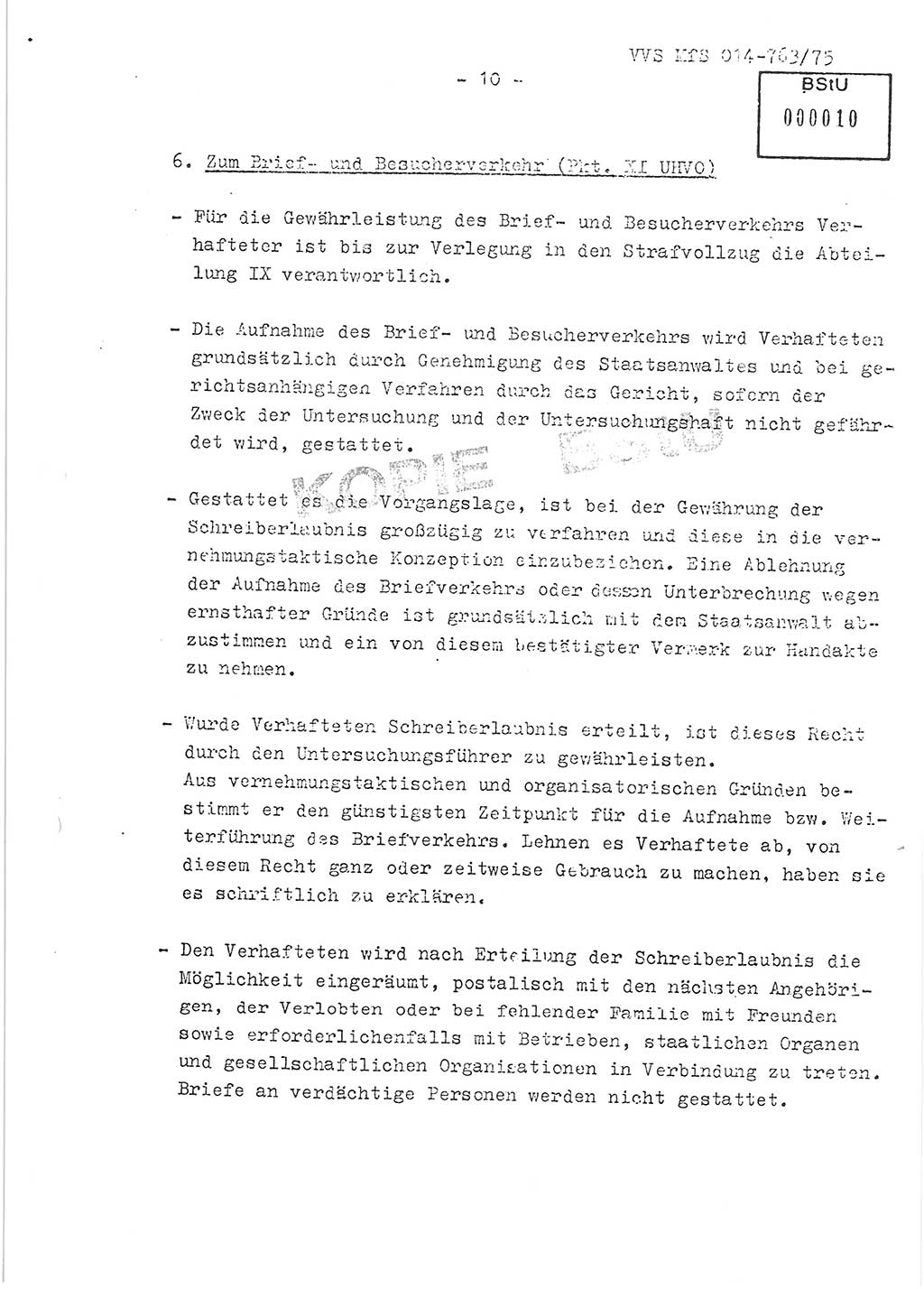 Gemeinsame Festlegungen der Hauptabteilung (HA) Ⅸ und der Abteilung (Abt.) ⅩⅣ des MfS [Ministerium für Staatssicherheit, Deutsche Demokratische Republik (DDR)] zur einheitlichen Durchsetzung einiger Bestimmungen der Untersuchungshaftvollzugsordnung (UHVO) in den Untersuchungshaftanstalten (UHA) des MfS, Vertrauliche Verschlußsache (VVS) 014-763/75, Berlin, 13.8.1975, Blatt 10 (UHVO MfS DDR HA Ⅸ Abt. ⅩⅣ VVS 014-763/75 1975, Bl. 10)