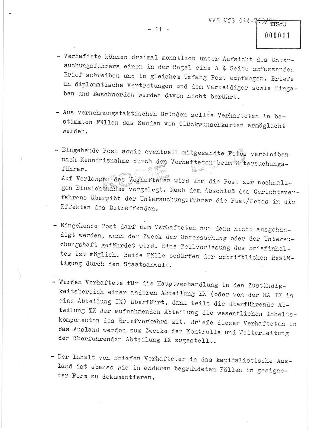 Gemeinsame Festlegungen der Hauptabteilung (HA) Ⅸ und der Abteilung (Abt.) ⅩⅣ des MfS [Ministerium für Staatssicherheit, Deutsche Demokratische Republik (DDR)] zur einheitlichen Durchsetzung einiger Bestimmungen der Untersuchungshaftvollzugsordnung (UHVO) in den Untersuchungshaftanstalten (UHA) des MfS, Vertrauliche Verschlußsache (VVS) 014-763/75, Berlin, 13.8.1975, Blatt 11 (UHVO MfS DDR HA Ⅸ Abt. ⅩⅣ VVS 014-763/75 1975, Bl. 11)