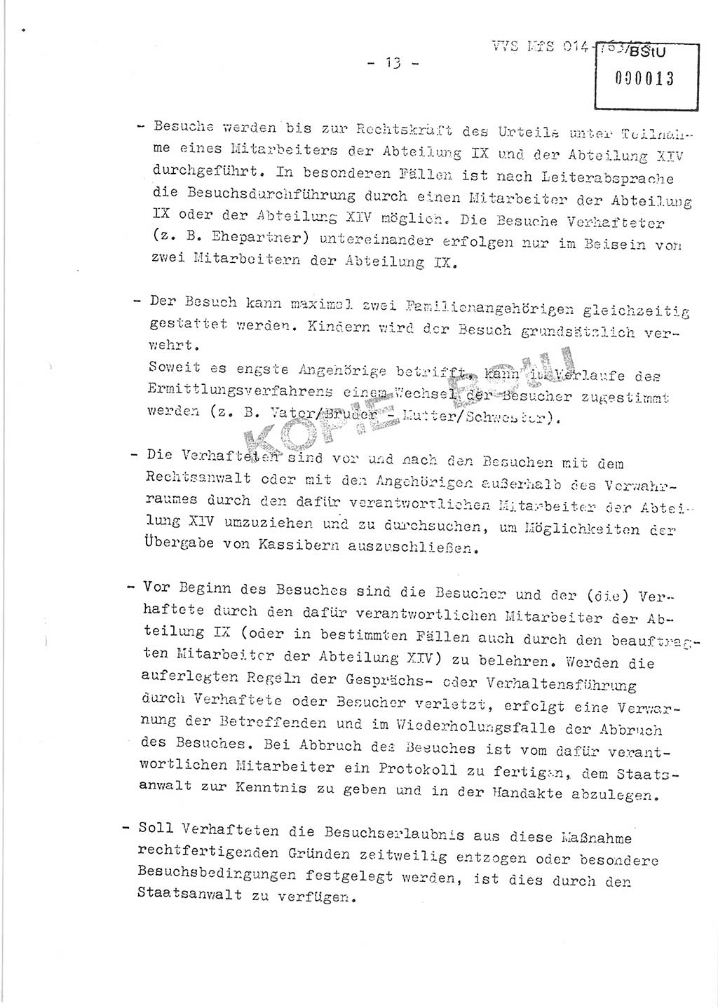 Gemeinsame Festlegungen der Hauptabteilung (HA) Ⅸ und der Abteilung (Abt.) ⅩⅣ des MfS [Ministerium für Staatssicherheit, Deutsche Demokratische Republik (DDR)] zur einheitlichen Durchsetzung einiger Bestimmungen der Untersuchungshaftvollzugsordnung (UHVO) in den Untersuchungshaftanstalten (UHA) des MfS, Vertrauliche Verschlußsache (VVS) 014-763/75, Berlin, 13.8.1975, Blatt 13 (UHVO MfS DDR HA Ⅸ Abt. ⅩⅣ VVS 014-763/75 1975, Bl. 13)