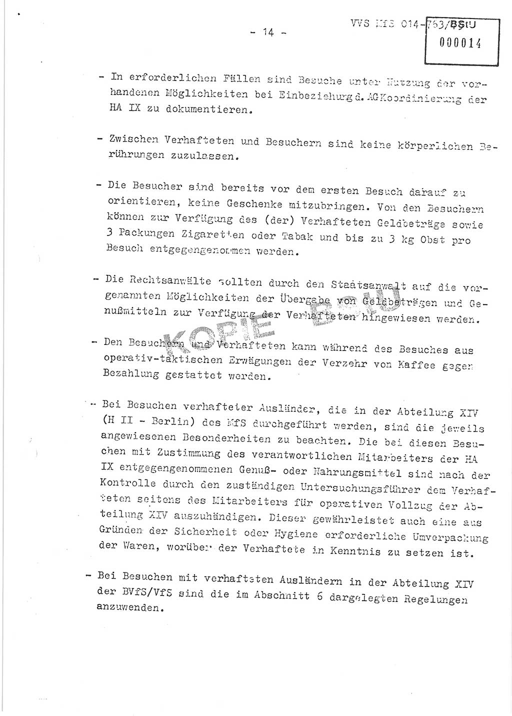 Gemeinsame Festlegungen der Hauptabteilung (HA) Ⅸ und der Abteilung (Abt.) ⅩⅣ des MfS [Ministerium für Staatssicherheit, Deutsche Demokratische Republik (DDR)] zur einheitlichen Durchsetzung einiger Bestimmungen der Untersuchungshaftvollzugsordnung (UHVO) in den Untersuchungshaftanstalten (UHA) des MfS, Vertrauliche Verschlußsache (VVS) 014-763/75, Berlin, 13.8.1975, Blatt 14 (UHVO MfS DDR HA Ⅸ Abt. ⅩⅣ VVS 014-763/75 1975, Bl. 14)