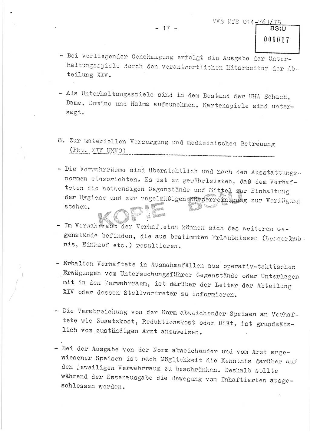 Gemeinsame Festlegungen der Hauptabteilung (HA) Ⅸ und der Abteilung (Abt.) ⅩⅣ des MfS [Ministerium für Staatssicherheit, Deutsche Demokratische Republik (DDR)] zur einheitlichen Durchsetzung einiger Bestimmungen der Untersuchungshaftvollzugsordnung (UHVO) in den Untersuchungshaftanstalten (UHA) des MfS, Vertrauliche Verschlußsache (VVS) 014-763/75, Berlin, 13.8.1975, Blatt 17 (UHVO MfS DDR HA Ⅸ Abt. ⅩⅣ VVS 014-763/75 1975, Bl. 17)