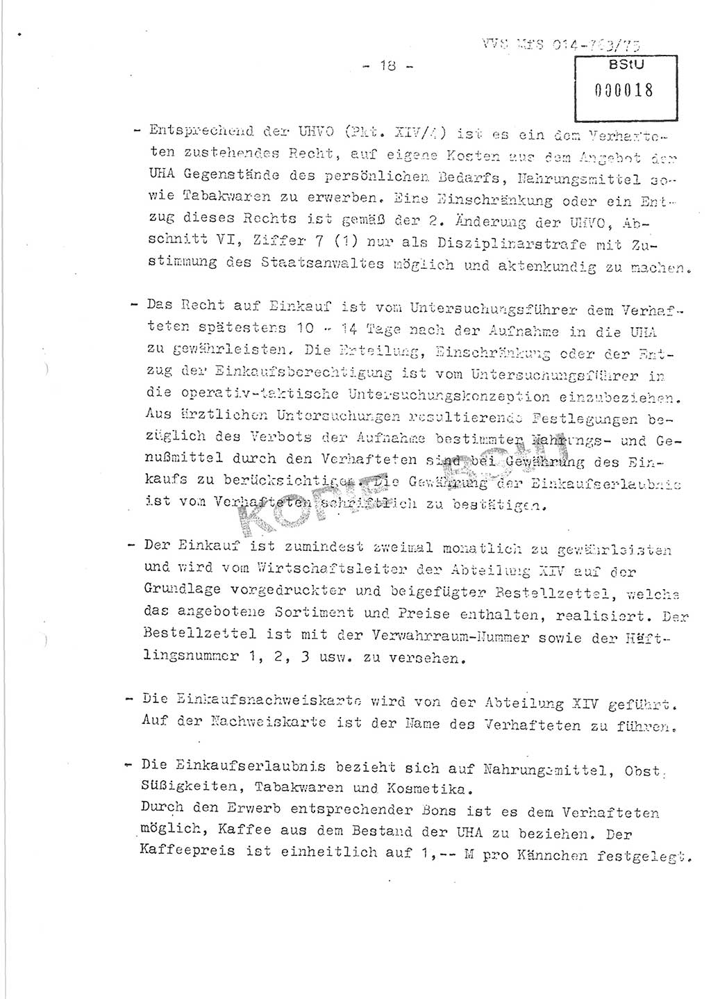 Gemeinsame Festlegungen der Hauptabteilung (HA) Ⅸ und der Abteilung (Abt.) ⅩⅣ des MfS [Ministerium für Staatssicherheit, Deutsche Demokratische Republik (DDR)] zur einheitlichen Durchsetzung einiger Bestimmungen der Untersuchungshaftvollzugsordnung (UHVO) in den Untersuchungshaftanstalten (UHA) des MfS, Vertrauliche Verschlußsache (VVS) 014-763/75, Berlin, 13.8.1975, Blatt 18 (UHVO MfS DDR HA Ⅸ Abt. ⅩⅣ VVS 014-763/75 1975, Bl. 18)