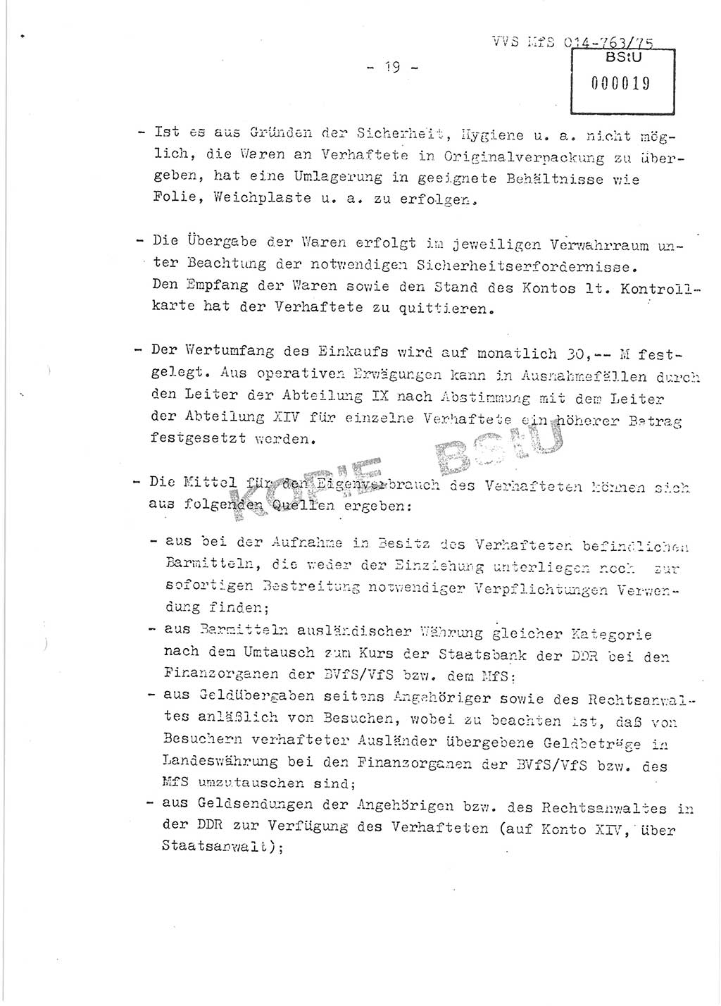 Gemeinsame Festlegungen der Hauptabteilung (HA) Ⅸ und der Abteilung (Abt.) ⅩⅣ des MfS [Ministerium für Staatssicherheit, Deutsche Demokratische Republik (DDR)] zur einheitlichen Durchsetzung einiger Bestimmungen der Untersuchungshaftvollzugsordnung (UHVO) in den Untersuchungshaftanstalten (UHA) des MfS, Vertrauliche Verschlußsache (VVS) 014-763/75, Berlin, 13.8.1975, Blatt 19 (UHVO MfS DDR HA Ⅸ Abt. ⅩⅣ VVS 014-763/75 1975, Bl. 19)