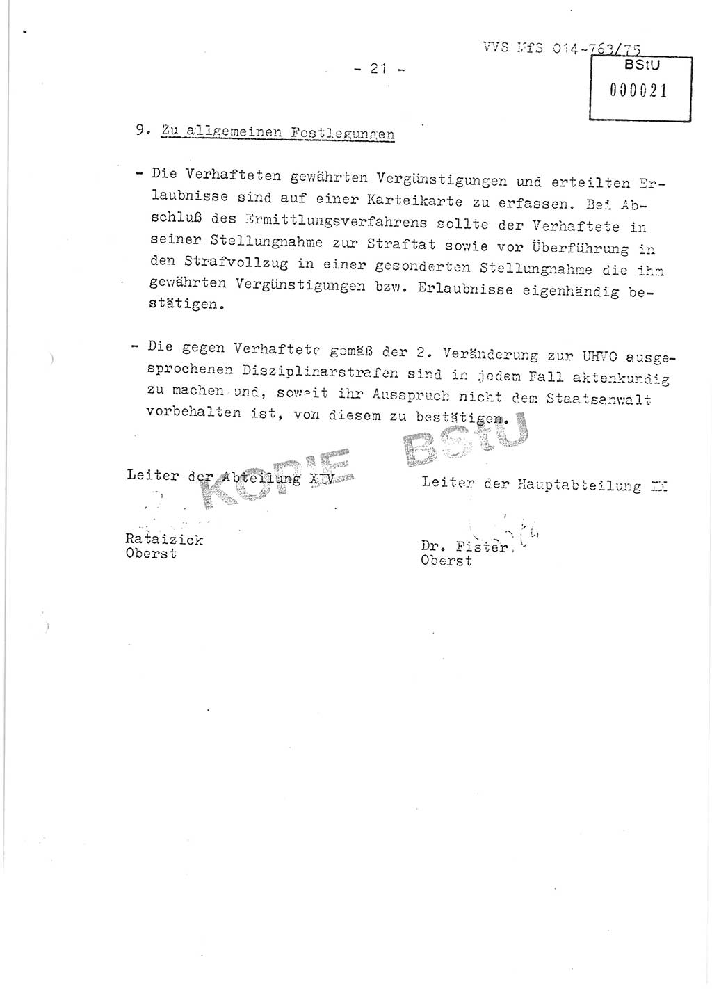 Gemeinsame Festlegungen der Hauptabteilung (HA) Ⅸ und der Abteilung (Abt.) ⅩⅣ des MfS [Ministerium für Staatssicherheit, Deutsche Demokratische Republik (DDR)] zur einheitlichen Durchsetzung einiger Bestimmungen der Untersuchungshaftvollzugsordnung (UHVO) in den Untersuchungshaftanstalten (UHA) des MfS, Vertrauliche Verschlußsache (VVS) 014-763/75, Berlin, 13.8.1975, Blatt 21 (UHVO MfS DDR HA Ⅸ Abt. ⅩⅣ VVS 014-763/75 1975, Bl. 21)