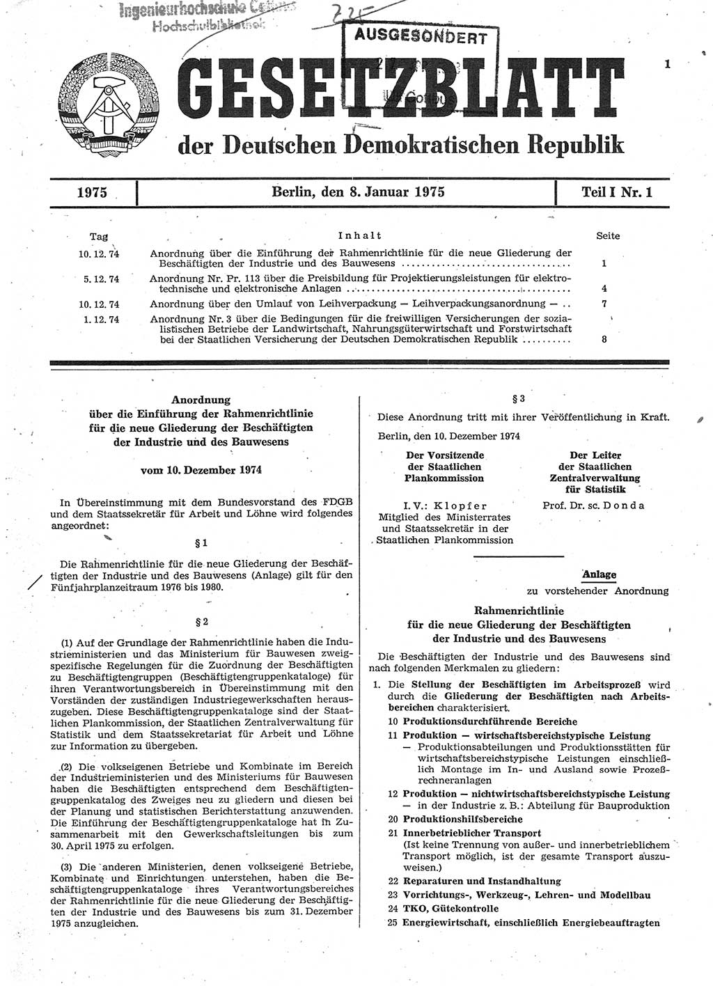 Gesetzblatt (GBl.) der Deutschen Demokratischen Republik (DDR) Teil Ⅰ 1975, Seite 1 (GBl. DDR Ⅰ 1975, S. 1)