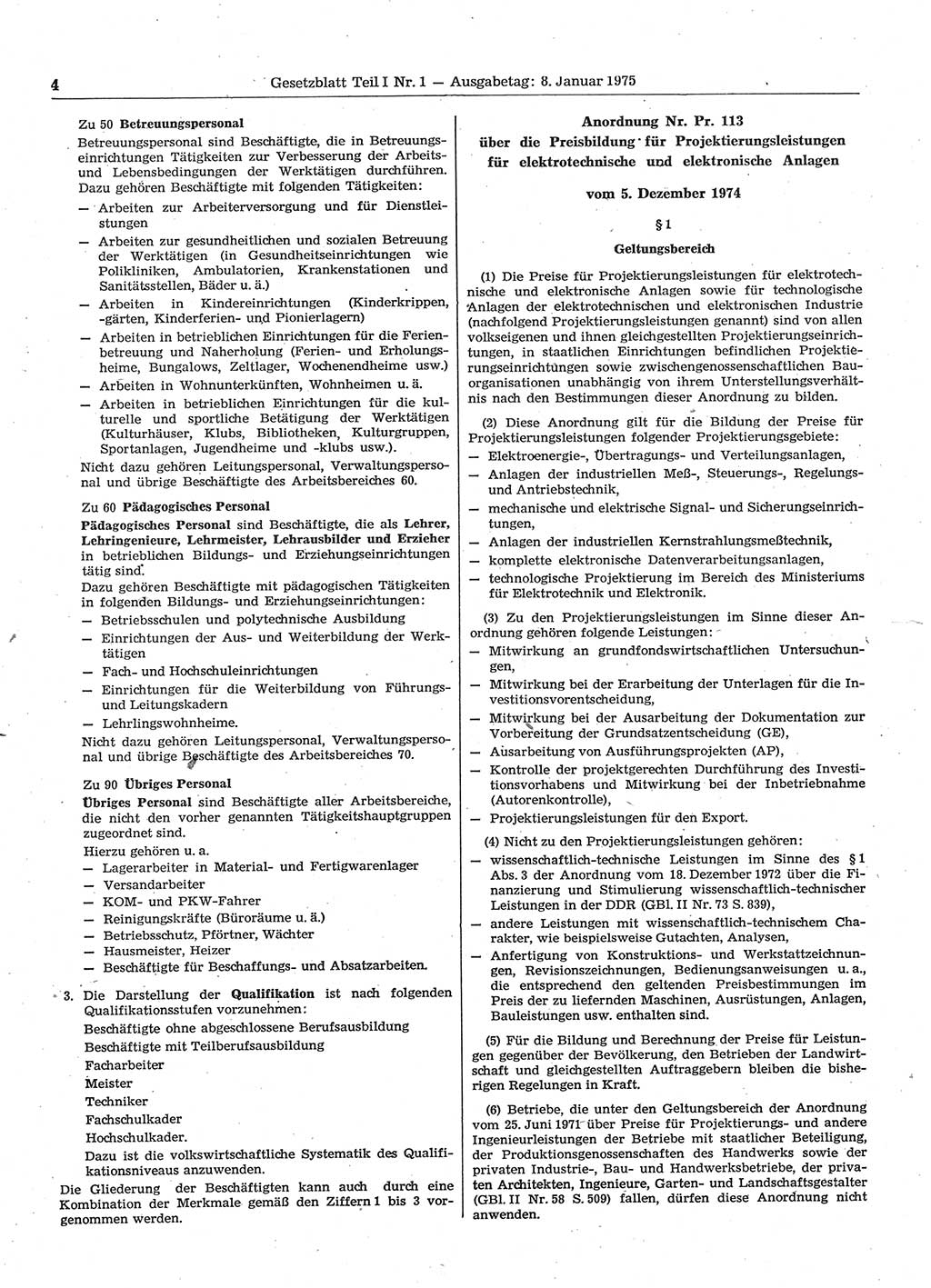 Gesetzblatt (GBl.) der Deutschen Demokratischen Republik (DDR) Teil Ⅰ 1975, Seite 4 (GBl. DDR Ⅰ 1975, S. 4)