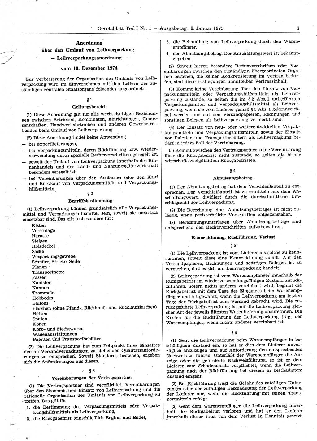Gesetzblatt (GBl.) der Deutschen Demokratischen Republik (DDR) Teil Ⅰ 1975, Seite 7 (GBl. DDR Ⅰ 1975, S. 7)