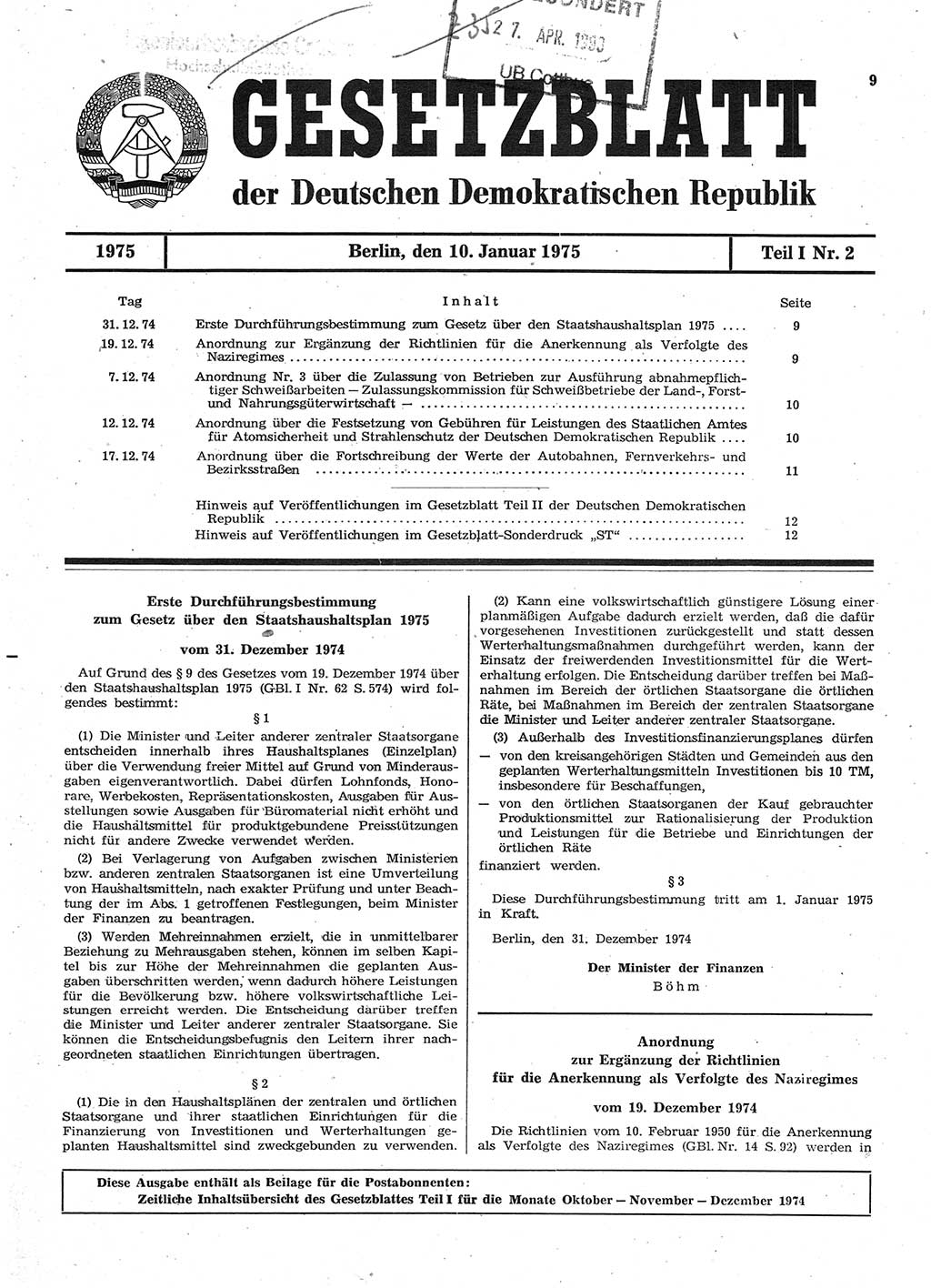 Gesetzblatt (GBl.) der Deutschen Demokratischen Republik (DDR) Teil Ⅰ 1975, Seite 9 (GBl. DDR Ⅰ 1975, S. 9)