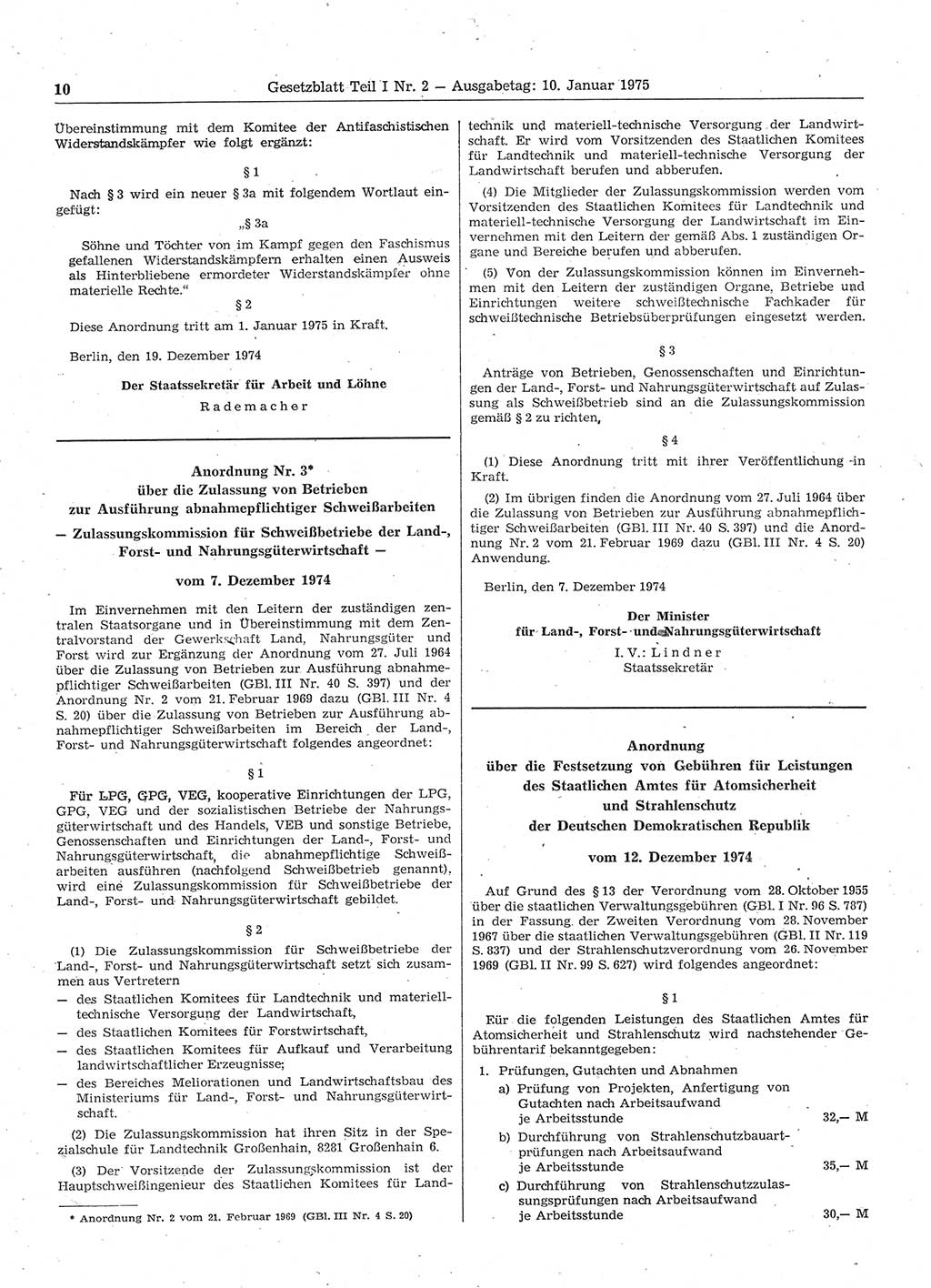 Gesetzblatt (GBl.) der Deutschen Demokratischen Republik (DDR) Teil Ⅰ 1975, Seite 10 (GBl. DDR Ⅰ 1975, S. 10)