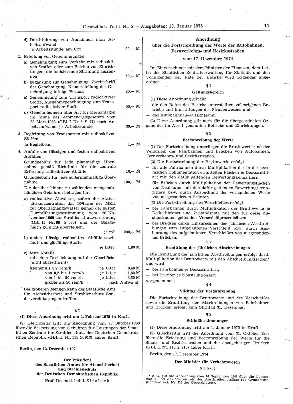 Gesetzblatt (GBl.) der Deutschen Demokratischen Republik (DDR) Teil Ⅰ 1975, Seite 11 (GBl. DDR Ⅰ 1975, S. 11)