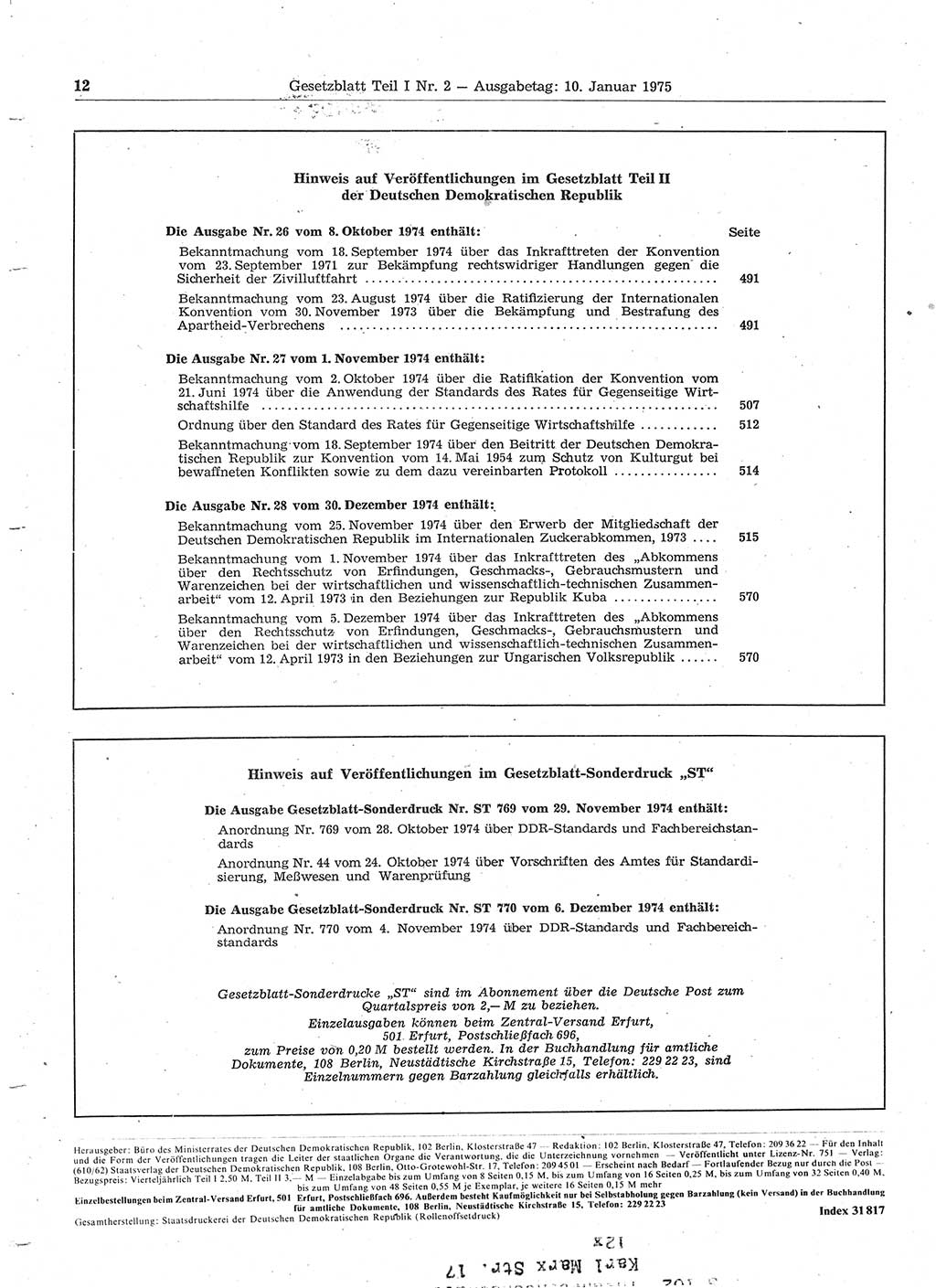 Gesetzblatt (GBl.) der Deutschen Demokratischen Republik (DDR) Teil Ⅰ 1975, Seite 12 (GBl. DDR Ⅰ 1975, S. 12)