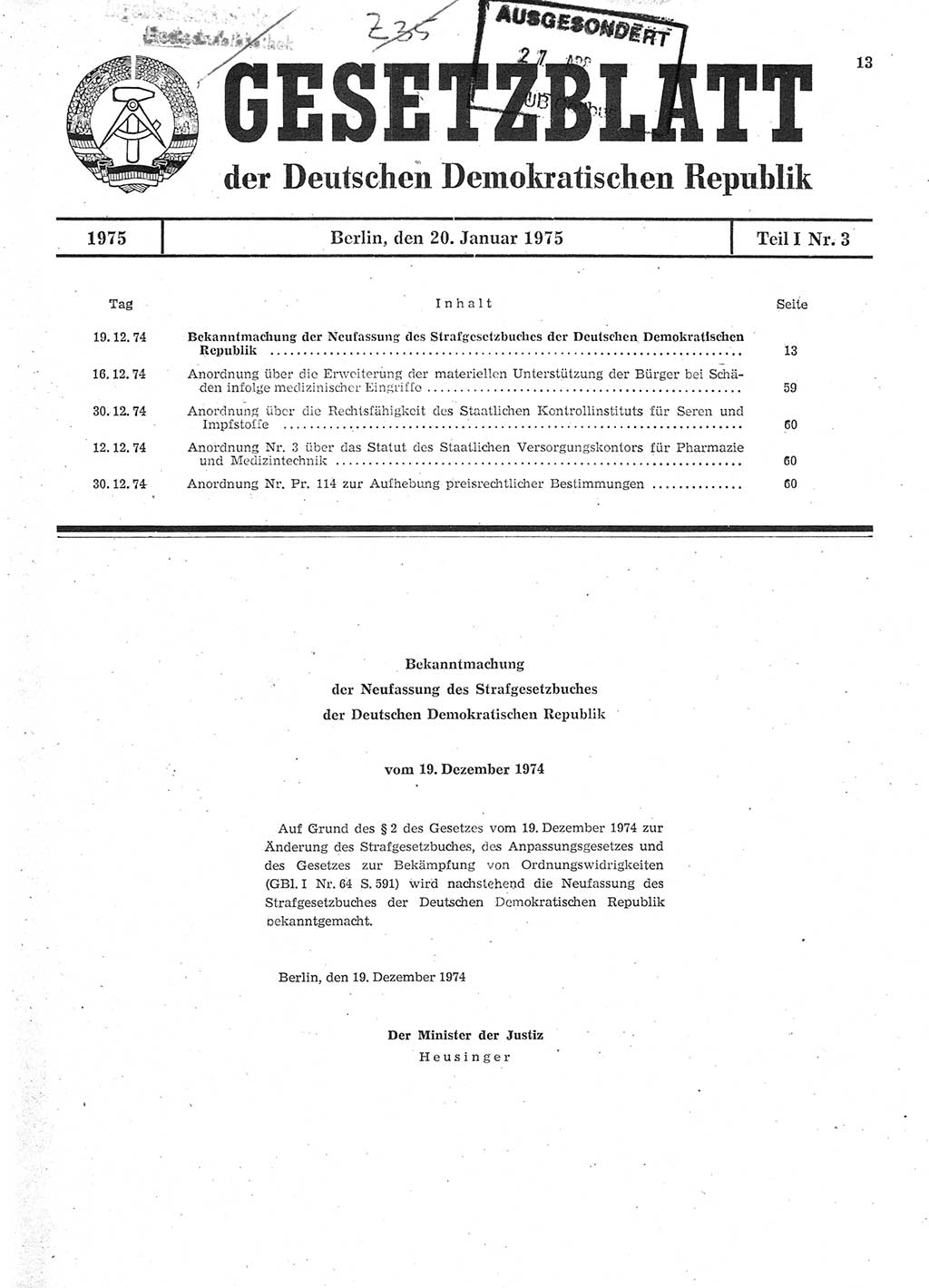 Gesetzblatt (GBl.) der Deutschen Demokratischen Republik (DDR) Teil Ⅰ 1975, Seite 13 (GBl. DDR Ⅰ 1975, S. 13)