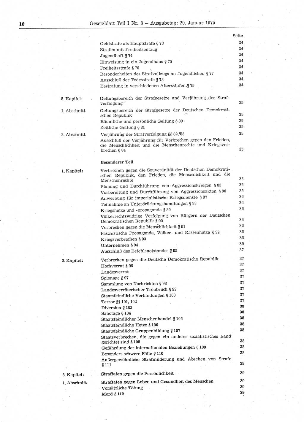 Gesetzblatt (GBl.) der Deutschen Demokratischen Republik (DDR) Teil Ⅰ 1975, Seite 16 (GBl. DDR Ⅰ 1975, S. 16)