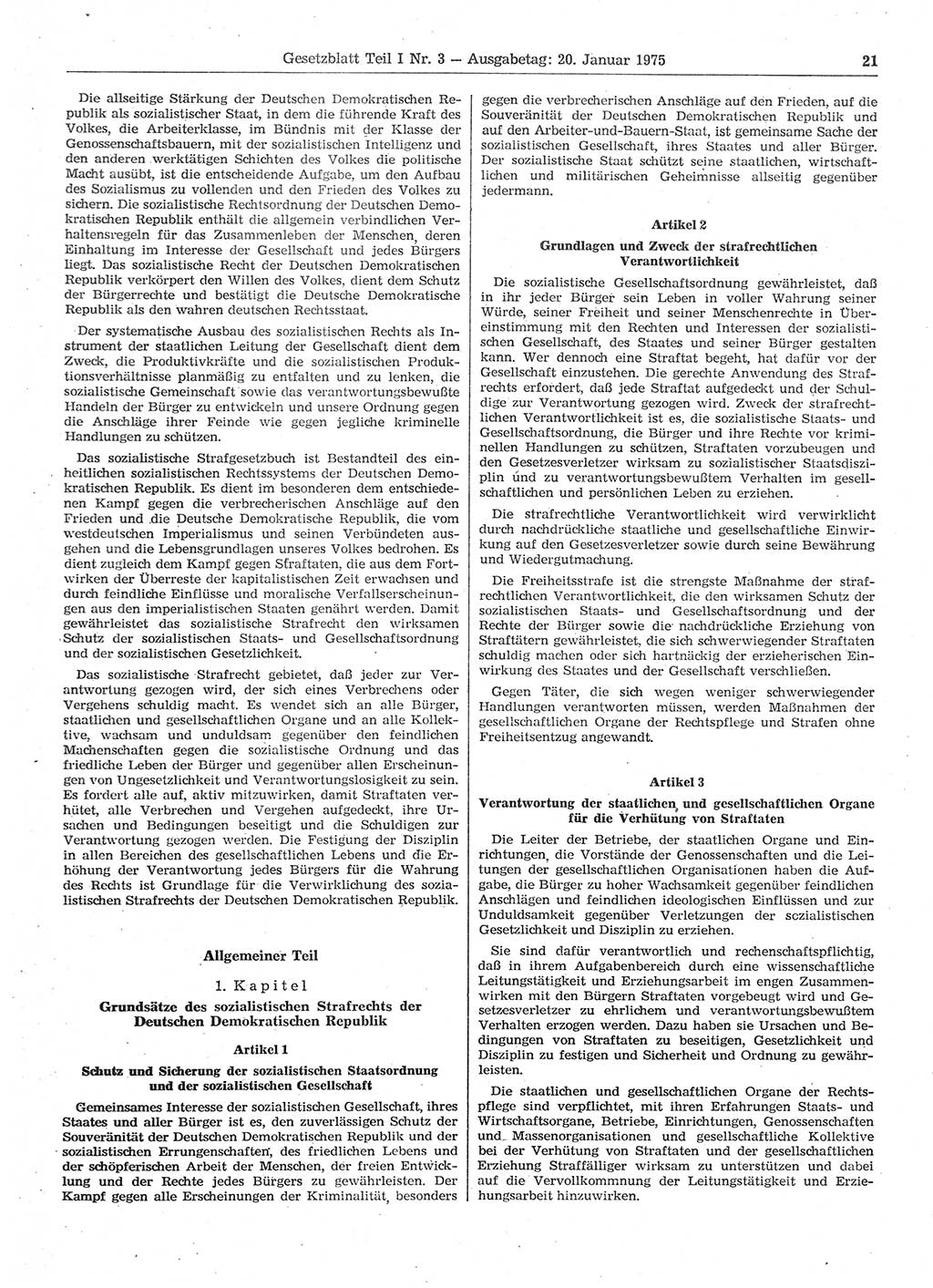 Gesetzblatt (GBl.) der Deutschen Demokratischen Republik (DDR) Teil Ⅰ 1975, Seite 21 (GBl. DDR Ⅰ 1975, S. 21)