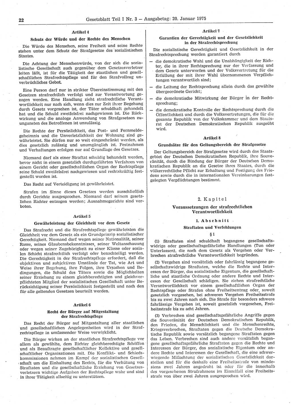 Gesetzblatt (GBl.) der Deutschen Demokratischen Republik (DDR) Teil Ⅰ 1975, Seite 22 (GBl. DDR Ⅰ 1975, S. 22)