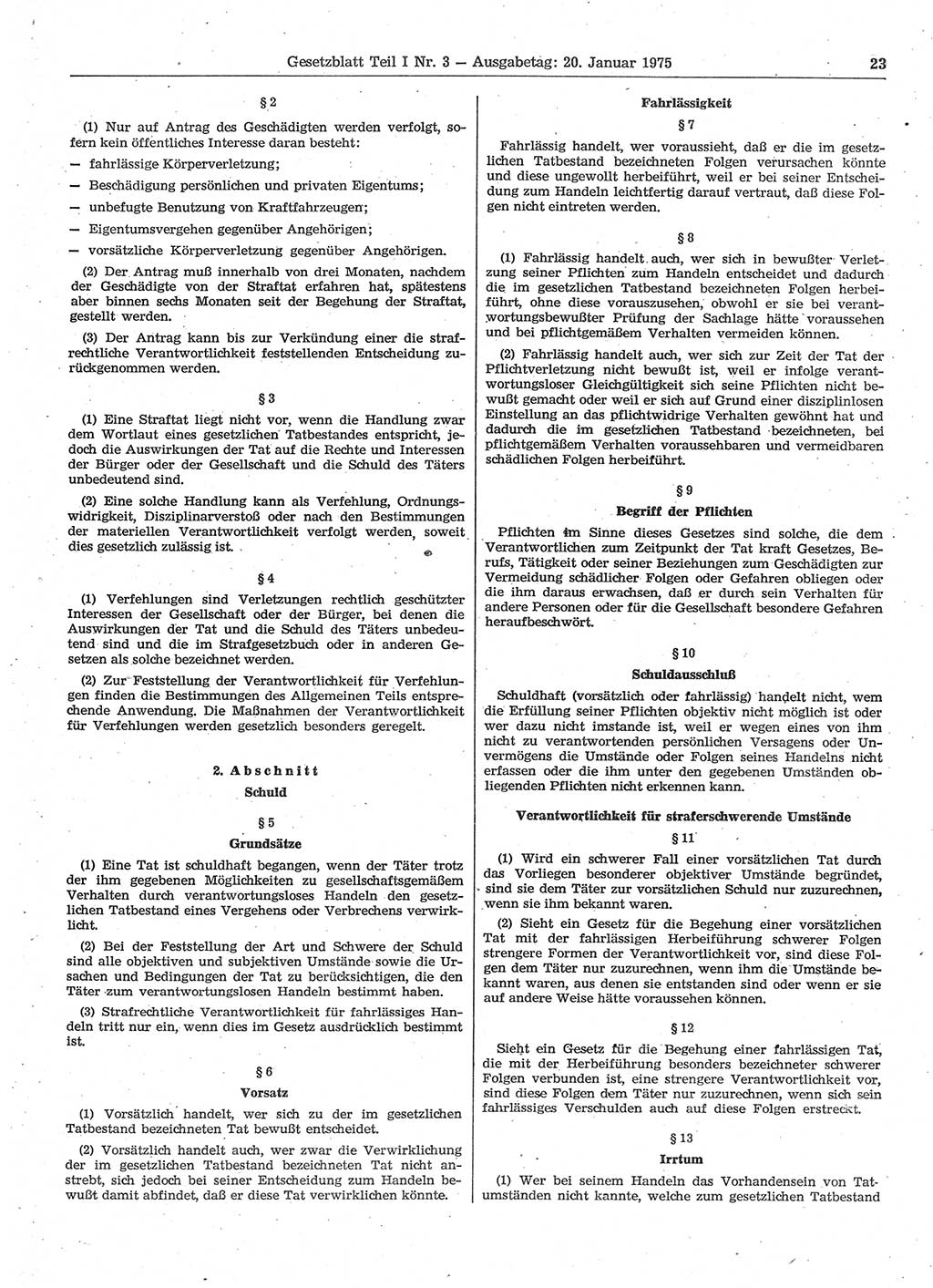 Gesetzblatt (GBl.) der Deutschen Demokratischen Republik (DDR) Teil Ⅰ 1975, Seite 23 (GBl. DDR Ⅰ 1975, S. 23)