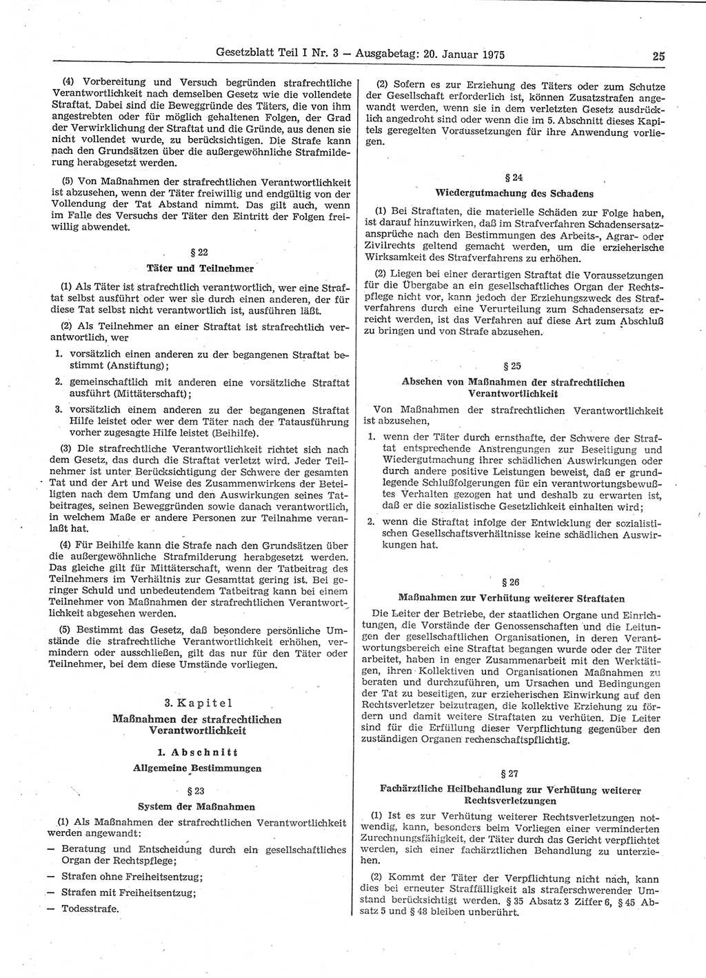 Gesetzblatt (GBl.) der Deutschen Demokratischen Republik (DDR) Teil Ⅰ 1975, Seite 25 (GBl. DDR Ⅰ 1975, S. 25)