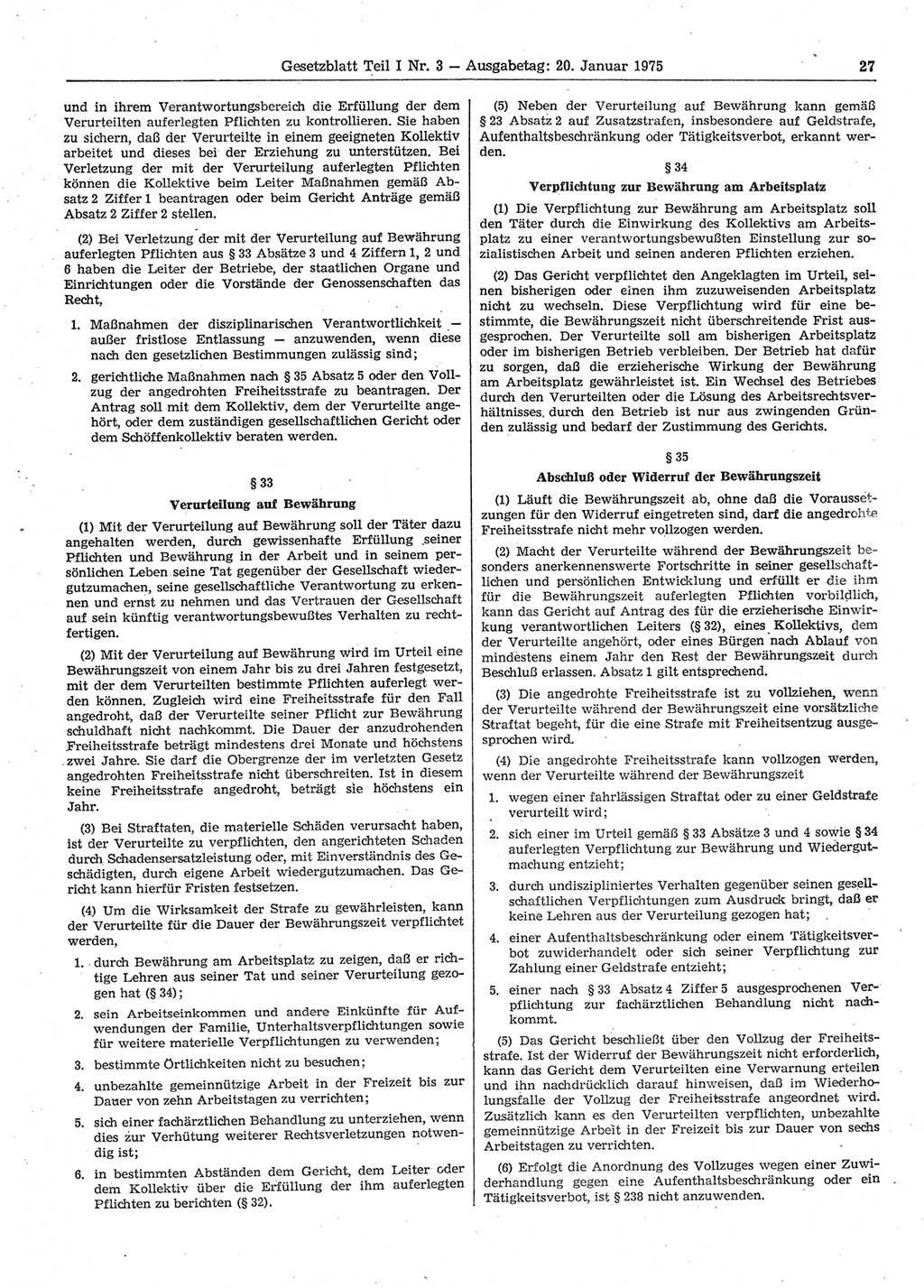 Gesetzblatt (GBl.) der Deutschen Demokratischen Republik (DDR) Teil Ⅰ 1975, Seite 27 (GBl. DDR Ⅰ 1975, S. 27)