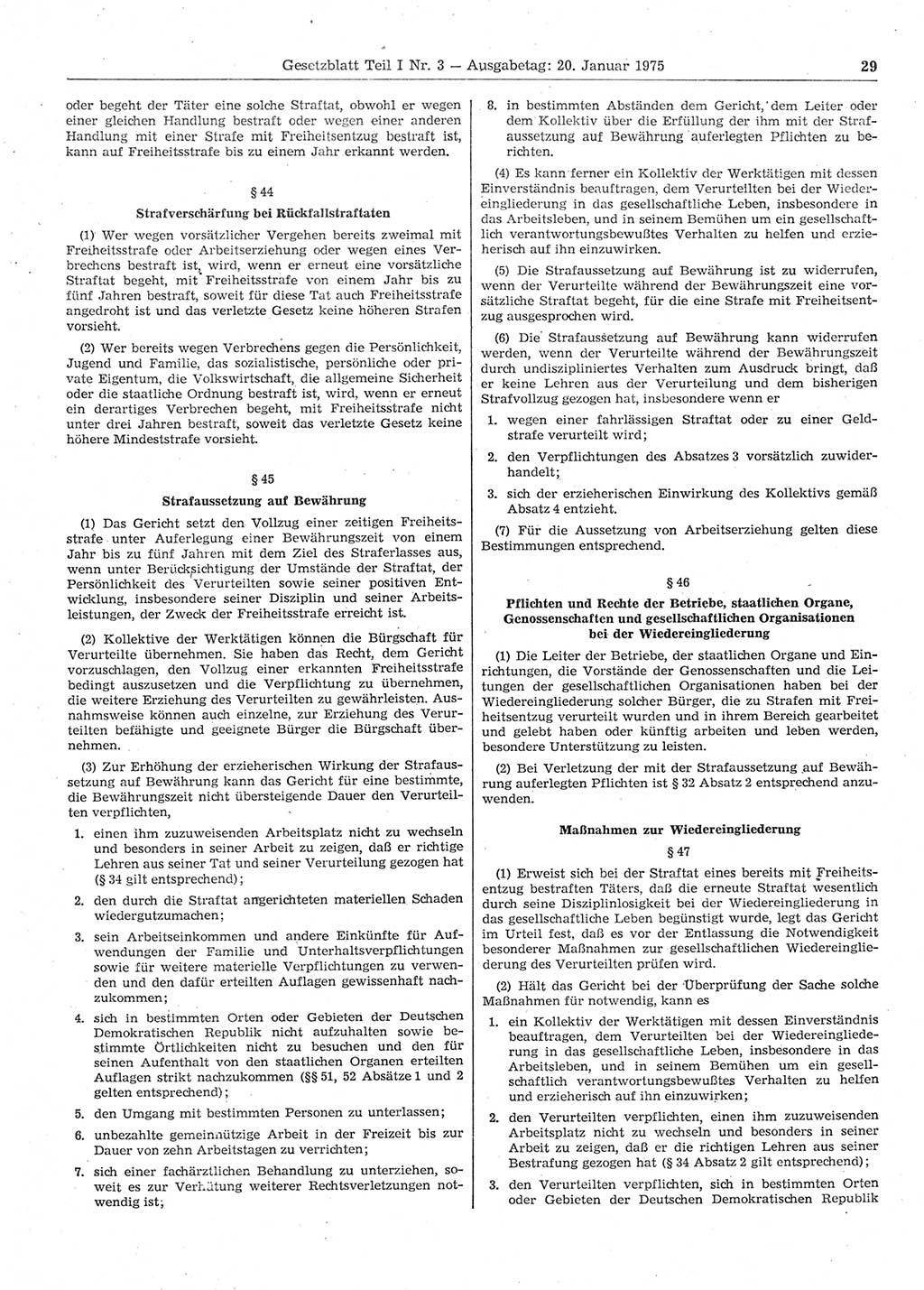 Gesetzblatt (GBl.) der Deutschen Demokratischen Republik (DDR) Teil Ⅰ 1975, Seite 29 (GBl. DDR Ⅰ 1975, S. 29)