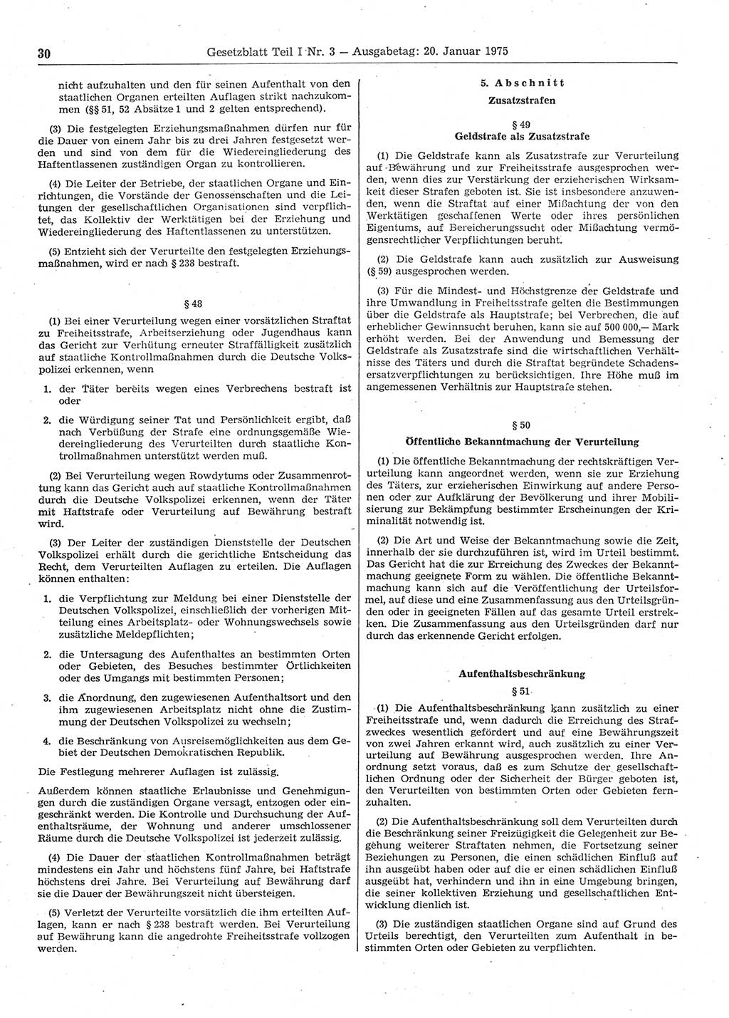 Gesetzblatt (GBl.) der Deutschen Demokratischen Republik (DDR) Teil Ⅰ 1975, Seite 30 (GBl. DDR Ⅰ 1975, S. 30)