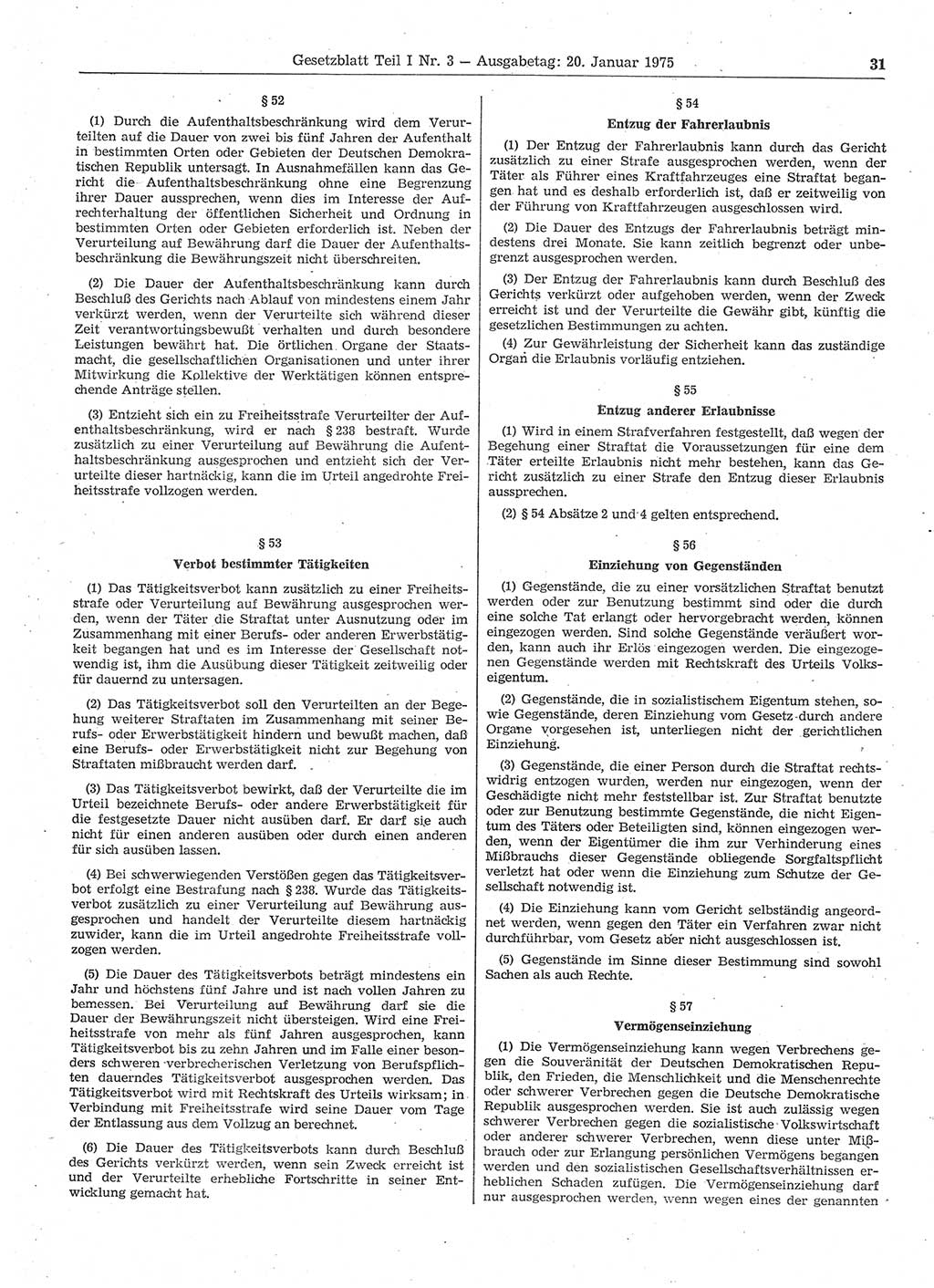 Gesetzblatt (GBl.) der Deutschen Demokratischen Republik (DDR) Teil Ⅰ 1975, Seite 31 (GBl. DDR Ⅰ 1975, S. 31)