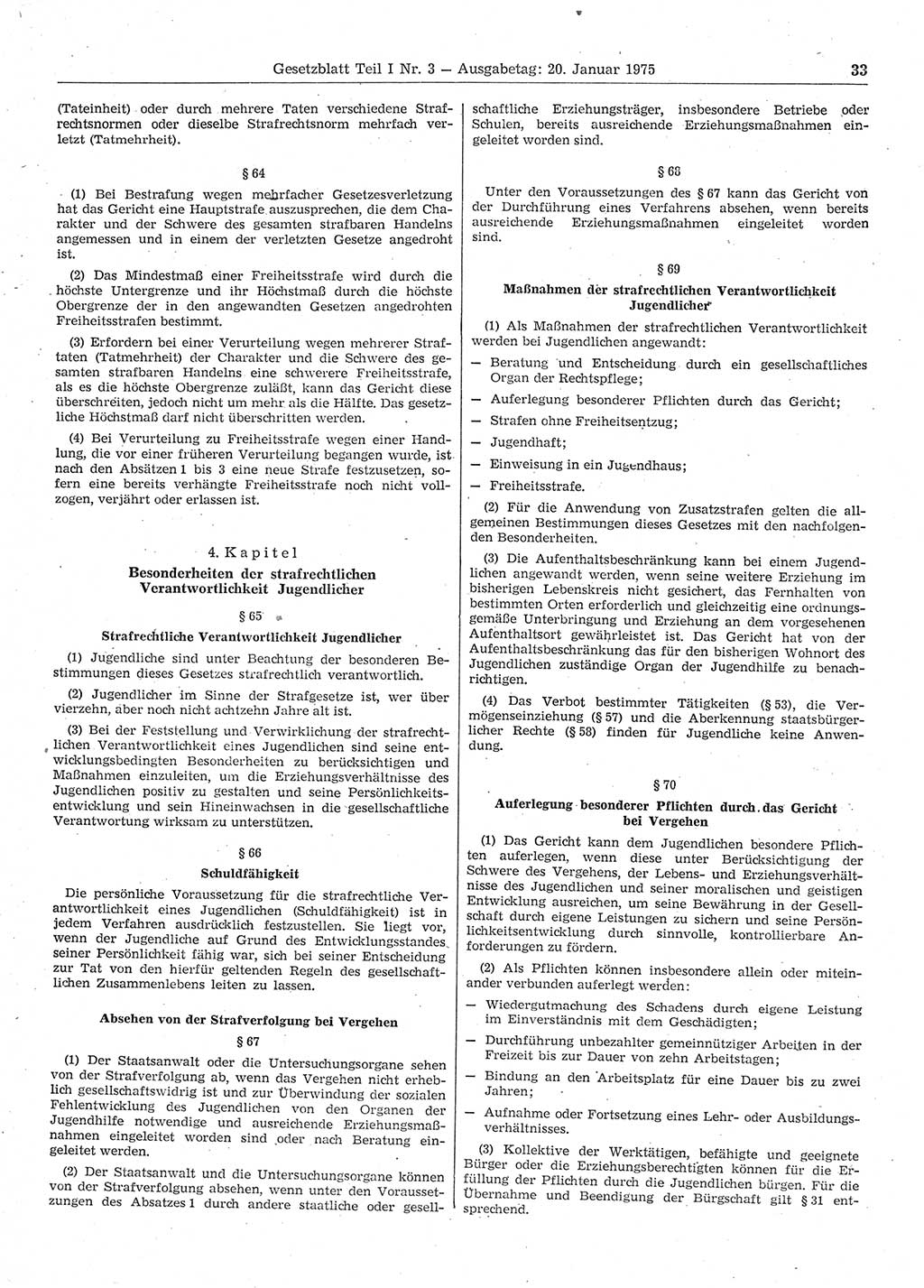 Gesetzblatt (GBl.) der Deutschen Demokratischen Republik (DDR) Teil Ⅰ 1975, Seite 33 (GBl. DDR Ⅰ 1975, S. 33)