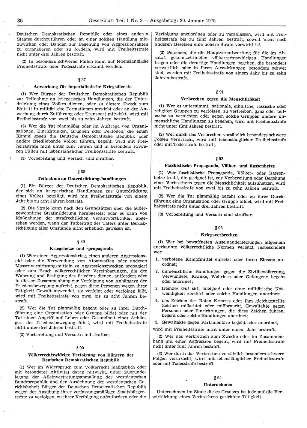 Gesetzblatt (GBl.) der Deutschen Demokratischen Republik (DDR) Teil Ⅰ 1975, Seite 36 (GBl. DDR Ⅰ 1975, S. 36)