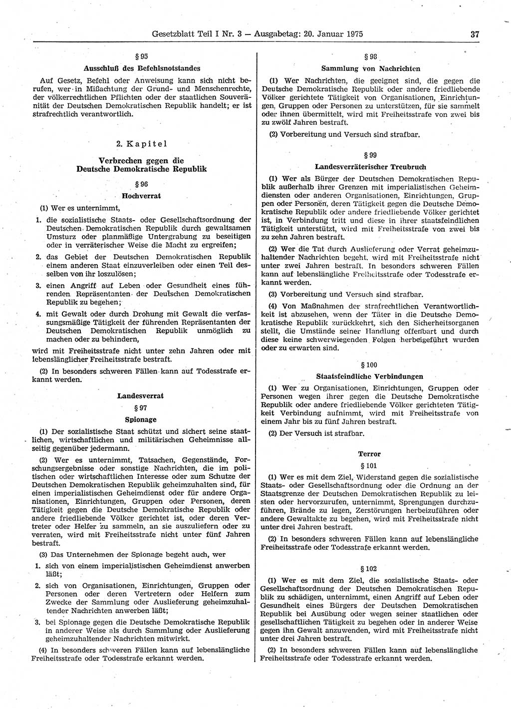 Gesetzblatt (GBl.) der Deutschen Demokratischen Republik (DDR) Teil Ⅰ 1975, Seite 37 (GBl. DDR Ⅰ 1975, S. 37)