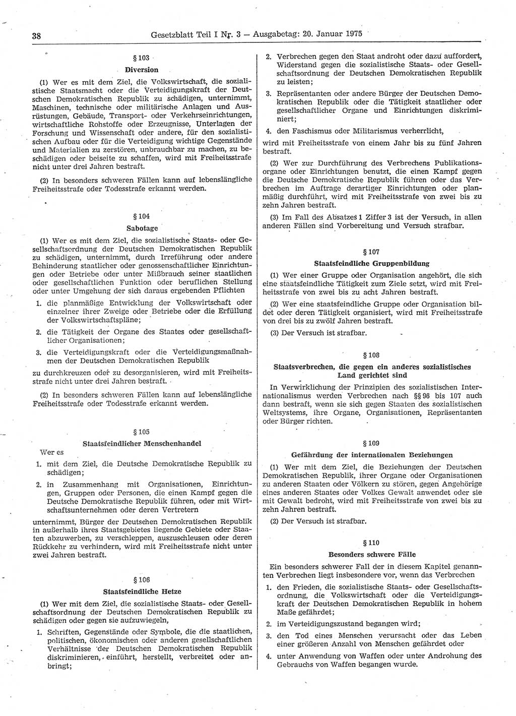 Gesetzblatt (GBl.) der Deutschen Demokratischen Republik (DDR) Teil Ⅰ 1975, Seite 38 (GBl. DDR Ⅰ 1975, S. 38)