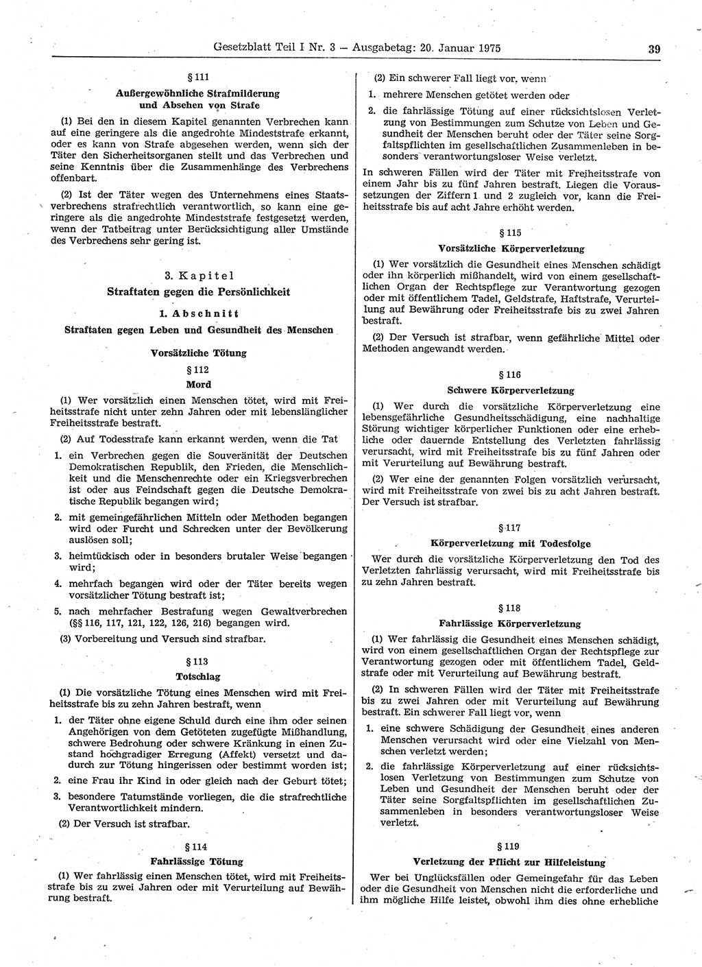 Gesetzblatt (GBl.) der Deutschen Demokratischen Republik (DDR) Teil Ⅰ 1975, Seite 39 (GBl. DDR Ⅰ 1975, S. 39)