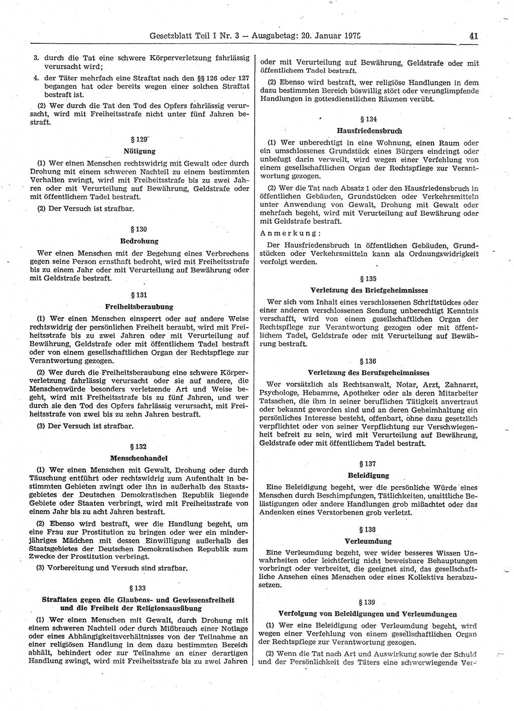 Gesetzblatt (GBl.) der Deutschen Demokratischen Republik (DDR) Teil Ⅰ 1975, Seite 41 (GBl. DDR Ⅰ 1975, S. 41)