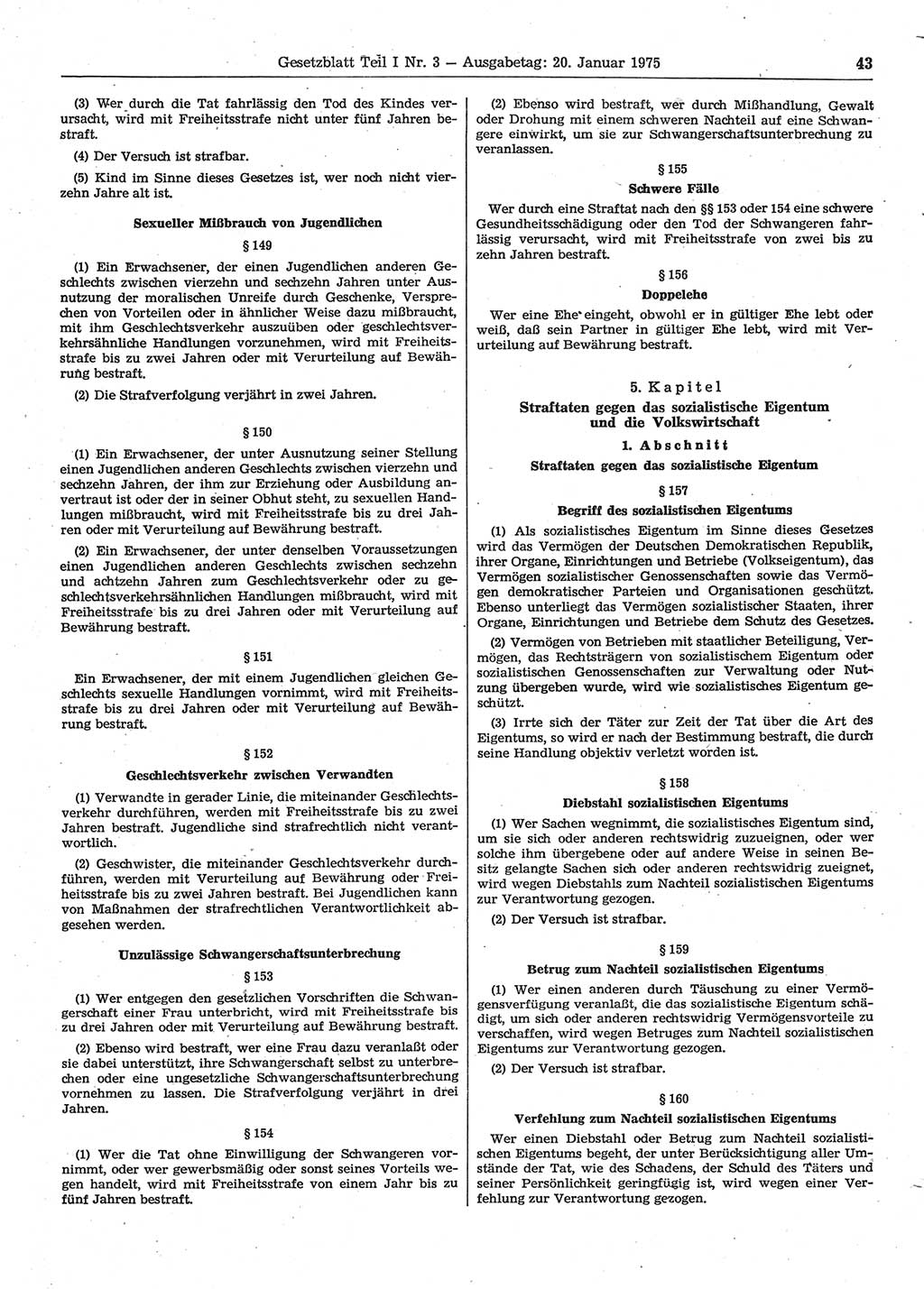 Gesetzblatt (GBl.) der Deutschen Demokratischen Republik (DDR) Teil Ⅰ 1975, Seite 43 (GBl. DDR Ⅰ 1975, S. 43)