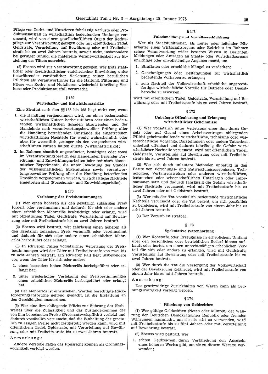 Gesetzblatt (GBl.) der Deutschen Demokratischen Republik (DDR) Teil Ⅰ 1975, Seite 45 (GBl. DDR Ⅰ 1975, S. 45)