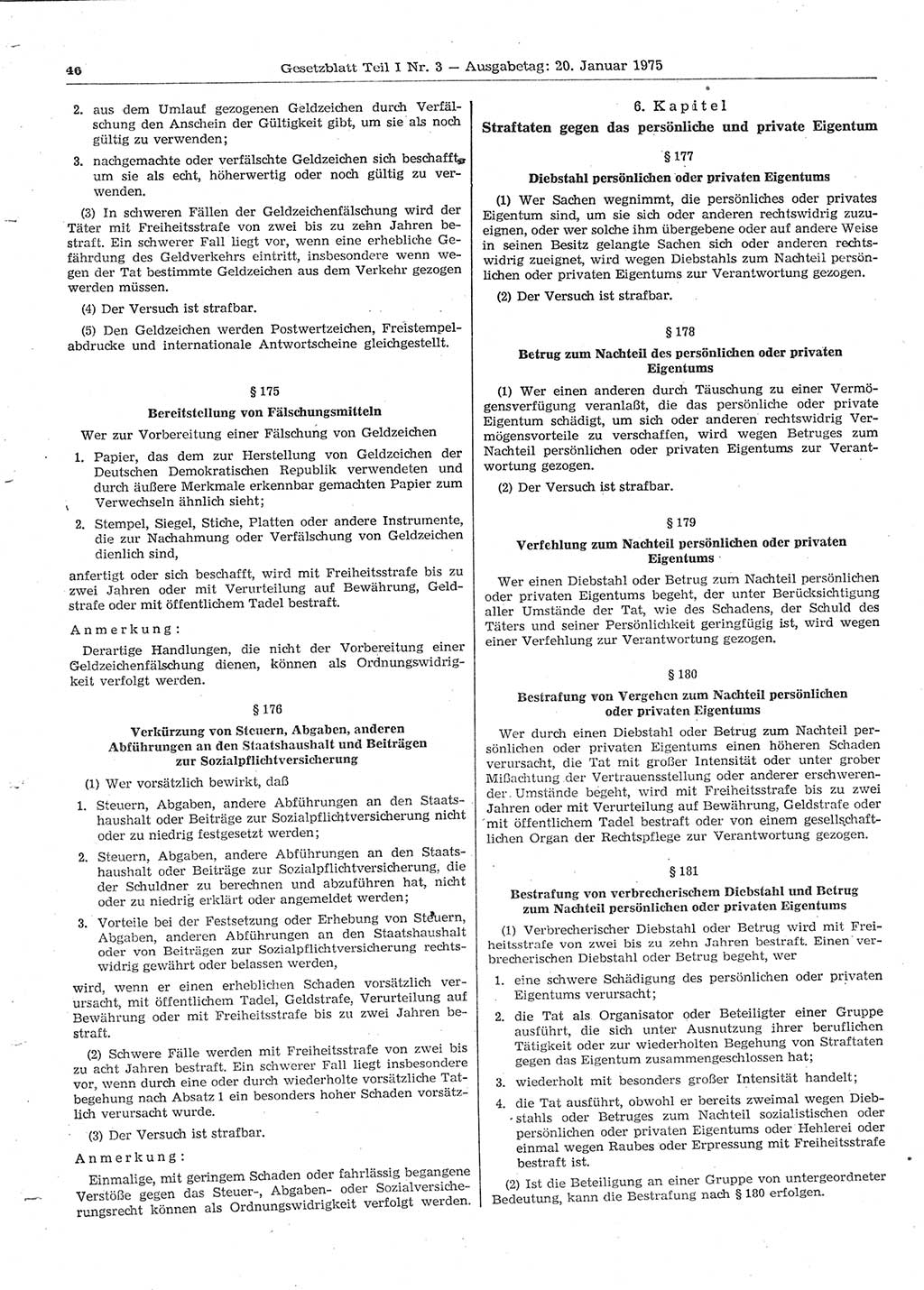 Gesetzblatt (GBl.) der Deutschen Demokratischen Republik (DDR) Teil Ⅰ 1975, Seite 46 (GBl. DDR Ⅰ 1975, S. 46)