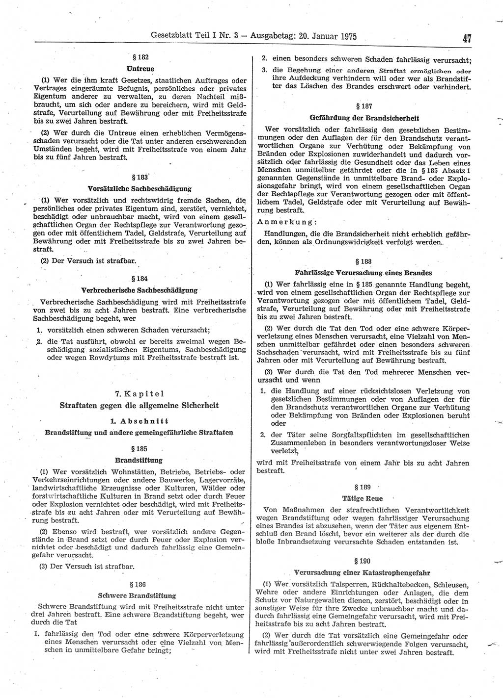 Gesetzblatt (GBl.) der Deutschen Demokratischen Republik (DDR) Teil Ⅰ 1975, Seite 47 (GBl. DDR Ⅰ 1975, S. 47)