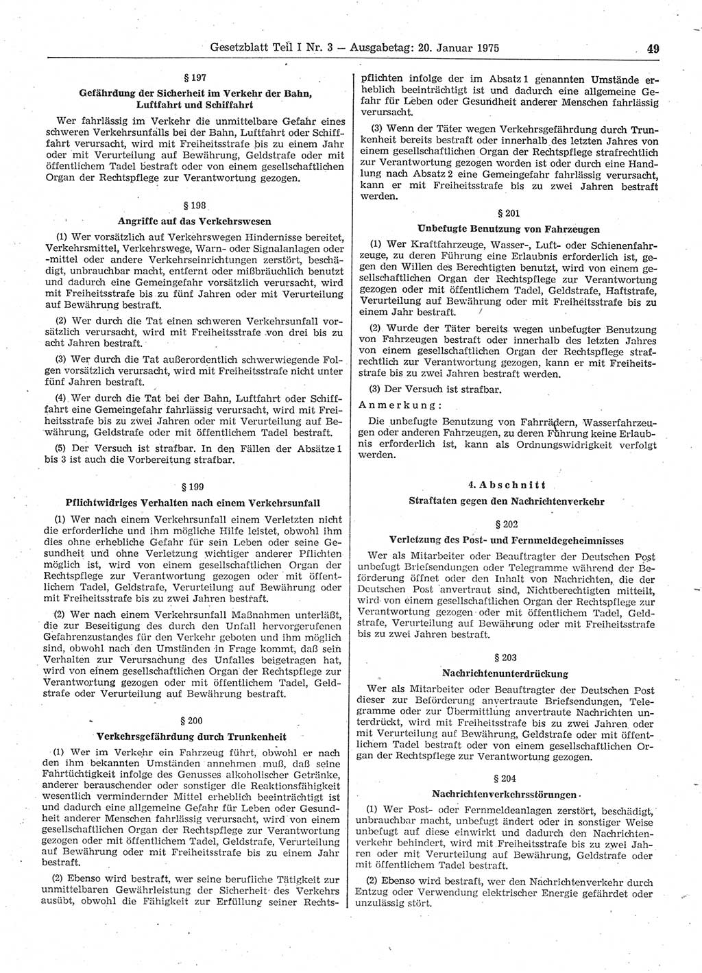 Gesetzblatt (GBl.) der Deutschen Demokratischen Republik (DDR) Teil Ⅰ 1975, Seite 49 (GBl. DDR Ⅰ 1975, S. 49)