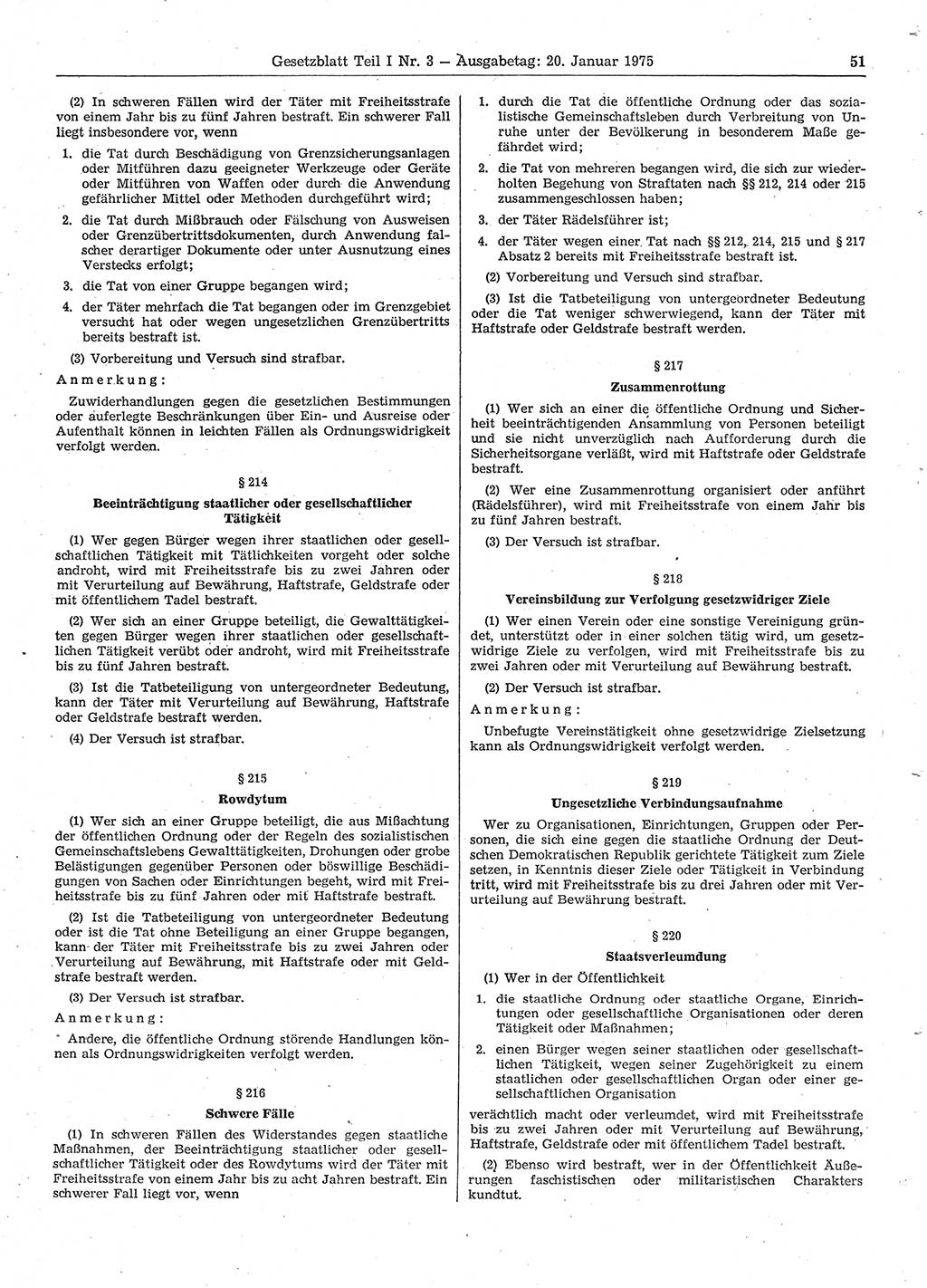 Gesetzblatt (GBl.) der Deutschen Demokratischen Republik (DDR) Teil Ⅰ 1975, Seite 51 (GBl. DDR Ⅰ 1975, S. 51)