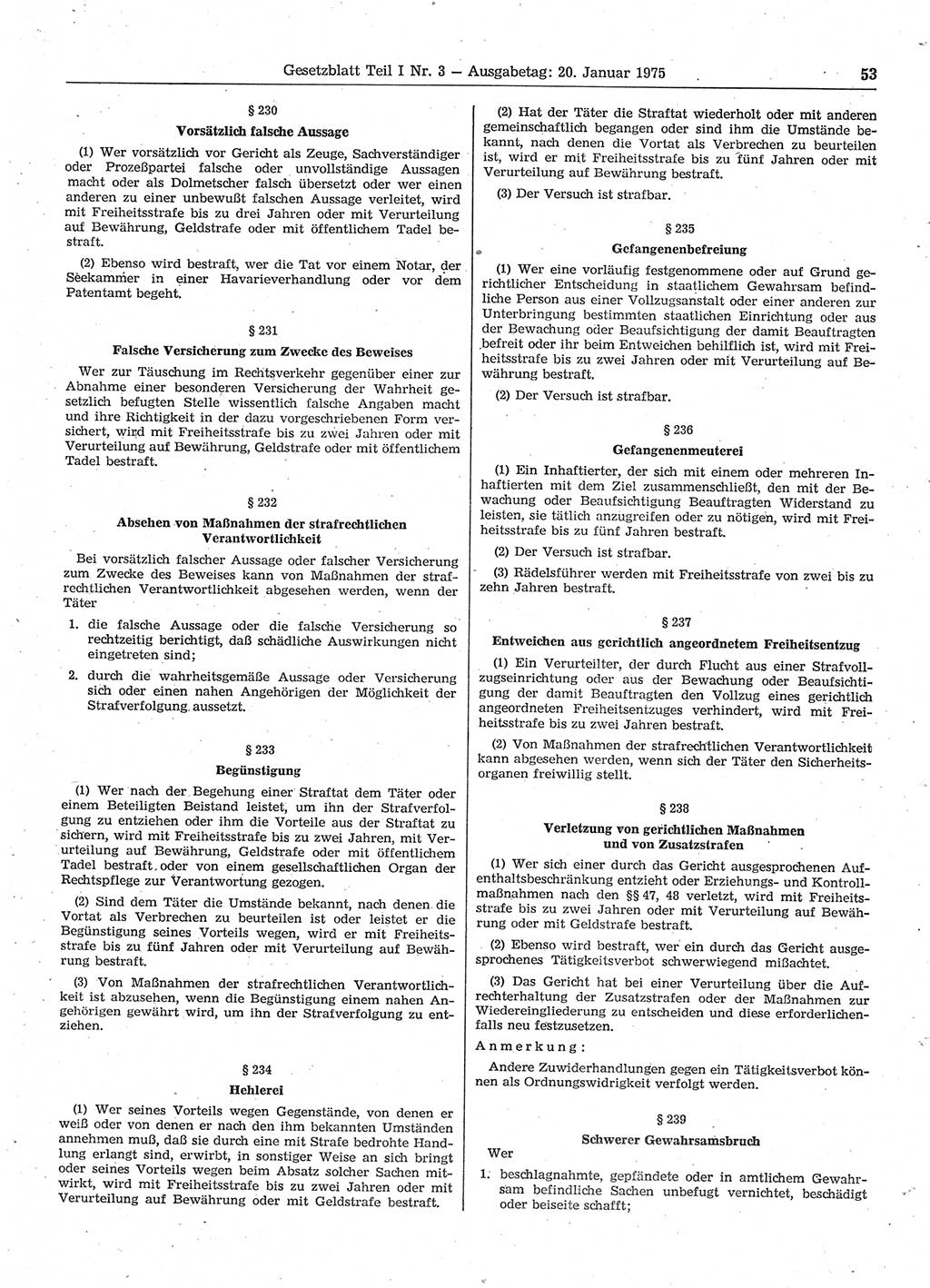 Gesetzblatt (GBl.) der Deutschen Demokratischen Republik (DDR) Teil Ⅰ 1975, Seite 53 (GBl. DDR Ⅰ 1975, S. 53)