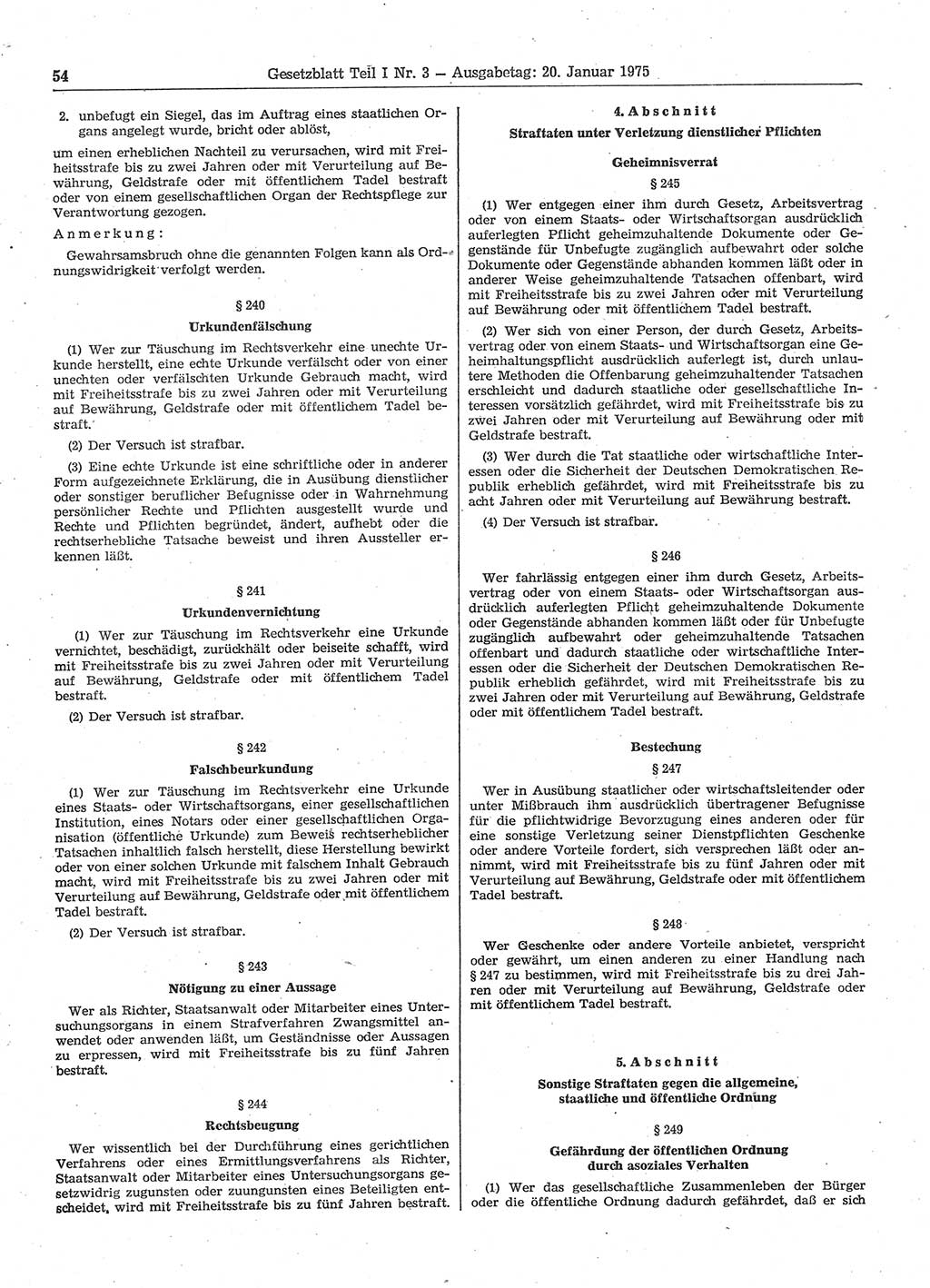 Gesetzblatt (GBl.) der Deutschen Demokratischen Republik (DDR) Teil Ⅰ 1975, Seite 54 (GBl. DDR Ⅰ 1975, S. 54)