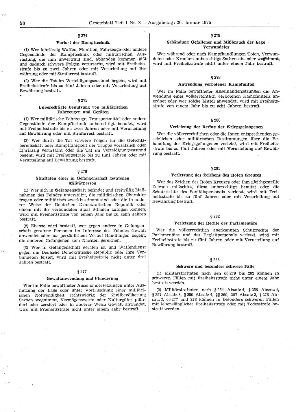 Gesetzblatt (GBl.) der Deutschen Demokratischen Republik (DDR) Teil Ⅰ 1975, Seite 58 (GBl. DDR Ⅰ 1975, S. 58)