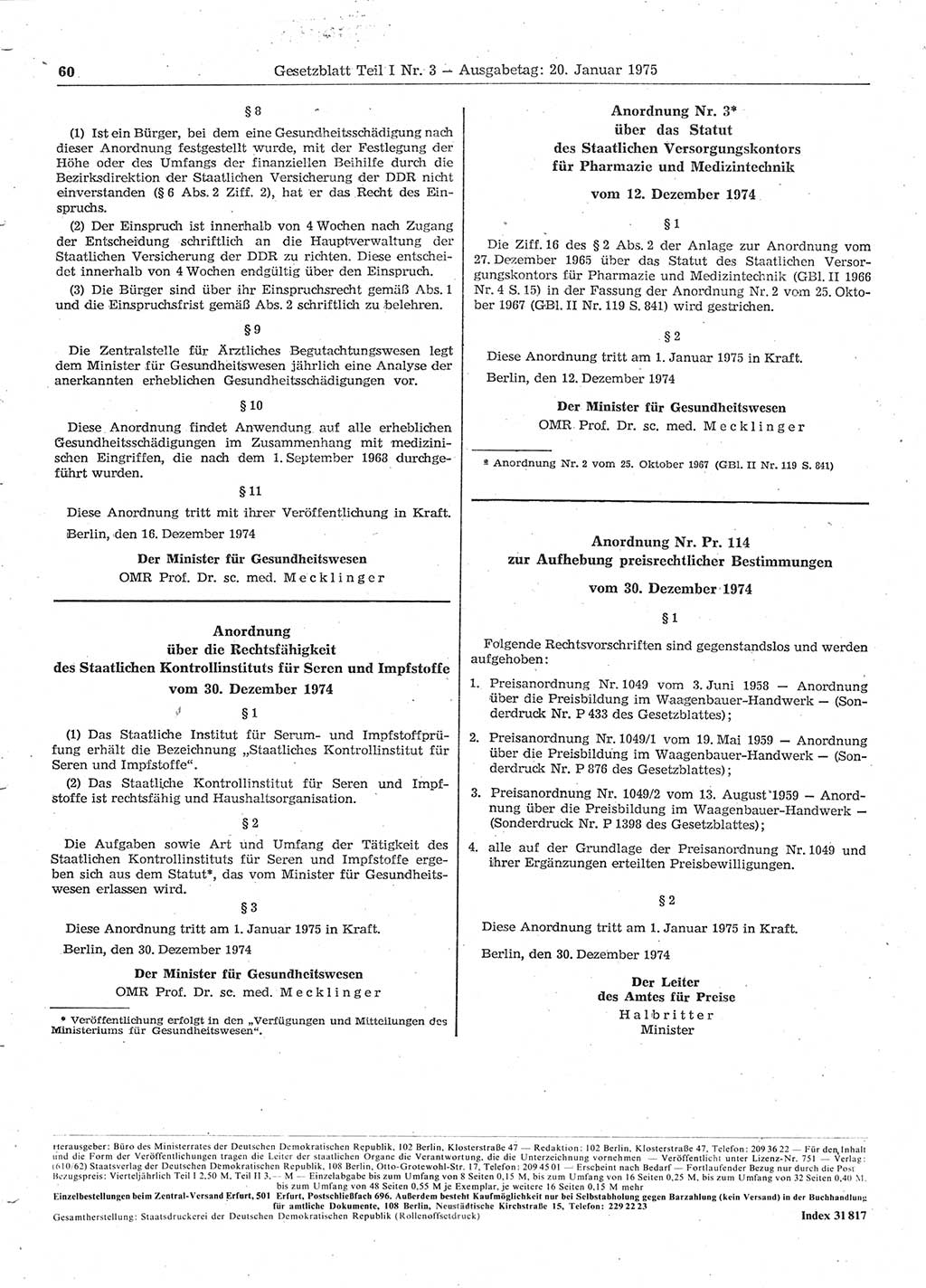 Gesetzblatt (GBl.) der Deutschen Demokratischen Republik (DDR) Teil Ⅰ 1975, Seite 60 (GBl. DDR Ⅰ 1975, S. 60)