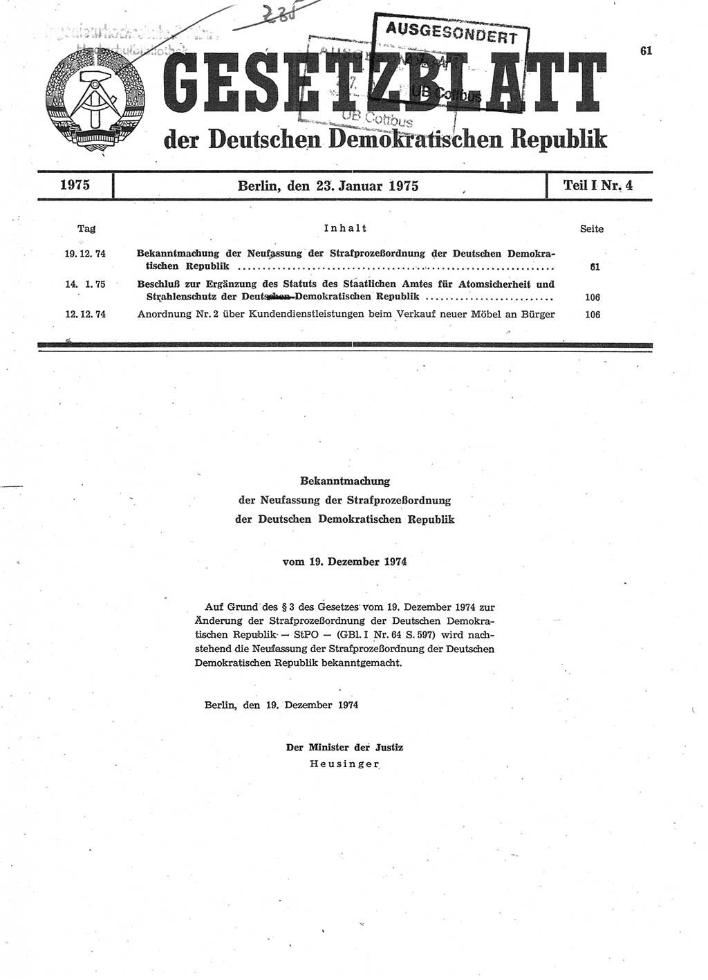 Gesetzblatt (GBl.) der Deutschen Demokratischen Republik (DDR) Teil Ⅰ 1975, Seite 61 (GBl. DDR Ⅰ 1975, S. 61)