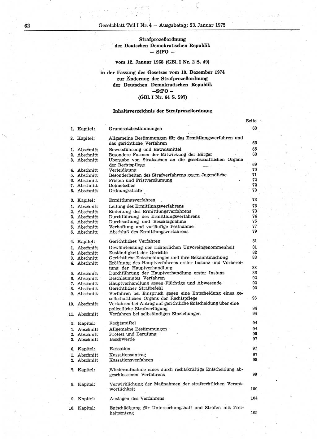 Gesetzblatt (GBl.) der Deutschen Demokratischen Republik (DDR) Teil Ⅰ 1975, Seite 62 (GBl. DDR Ⅰ 1975, S. 62)