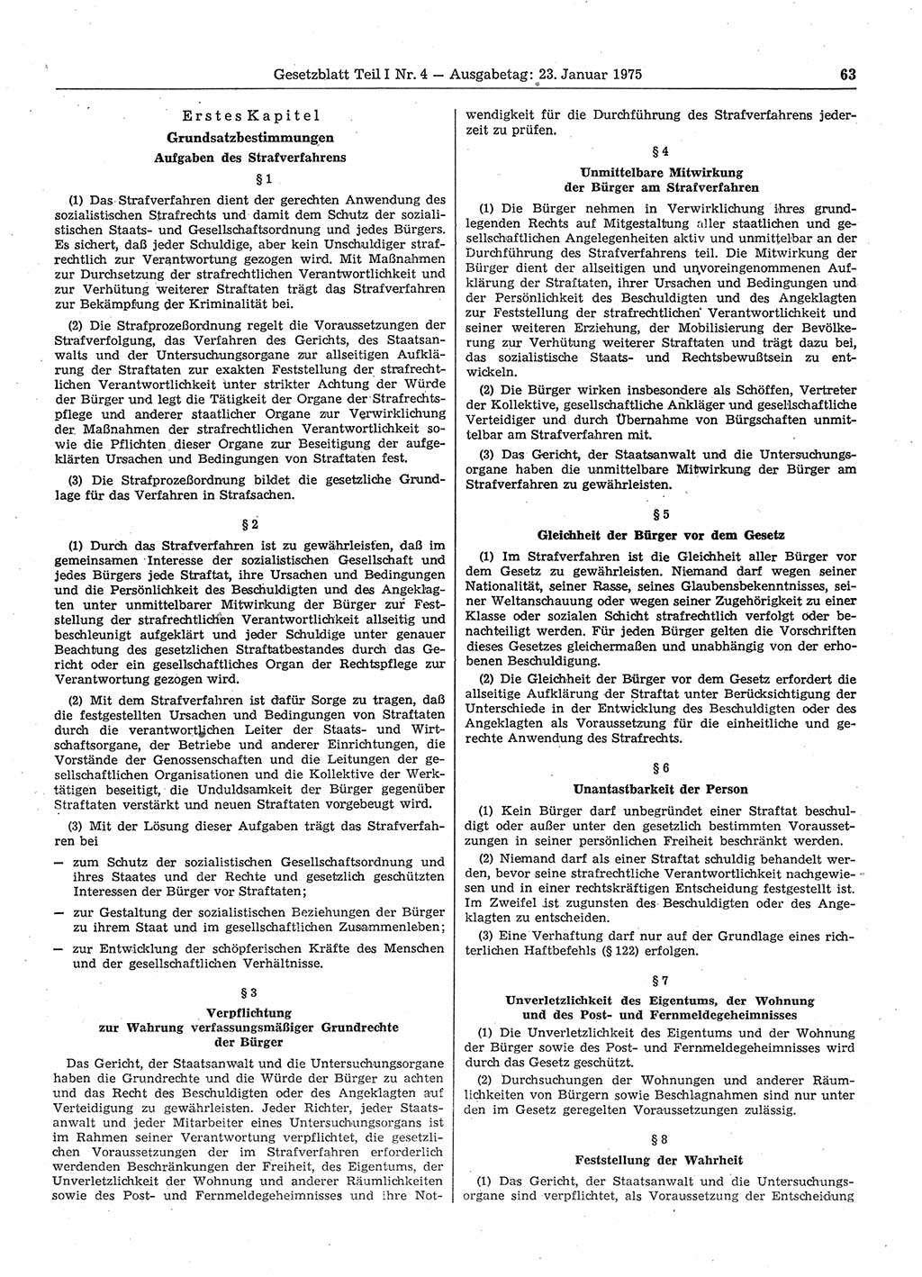 Gesetzblatt (GBl.) der Deutschen Demokratischen Republik (DDR) Teil Ⅰ 1975, Seite 63 (GBl. DDR Ⅰ 1975, S. 63)