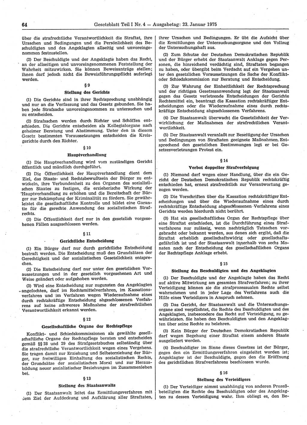 Gesetzblatt (GBl.) der Deutschen Demokratischen Republik (DDR) Teil Ⅰ 1975, Seite 64 (GBl. DDR Ⅰ 1975, S. 64)
