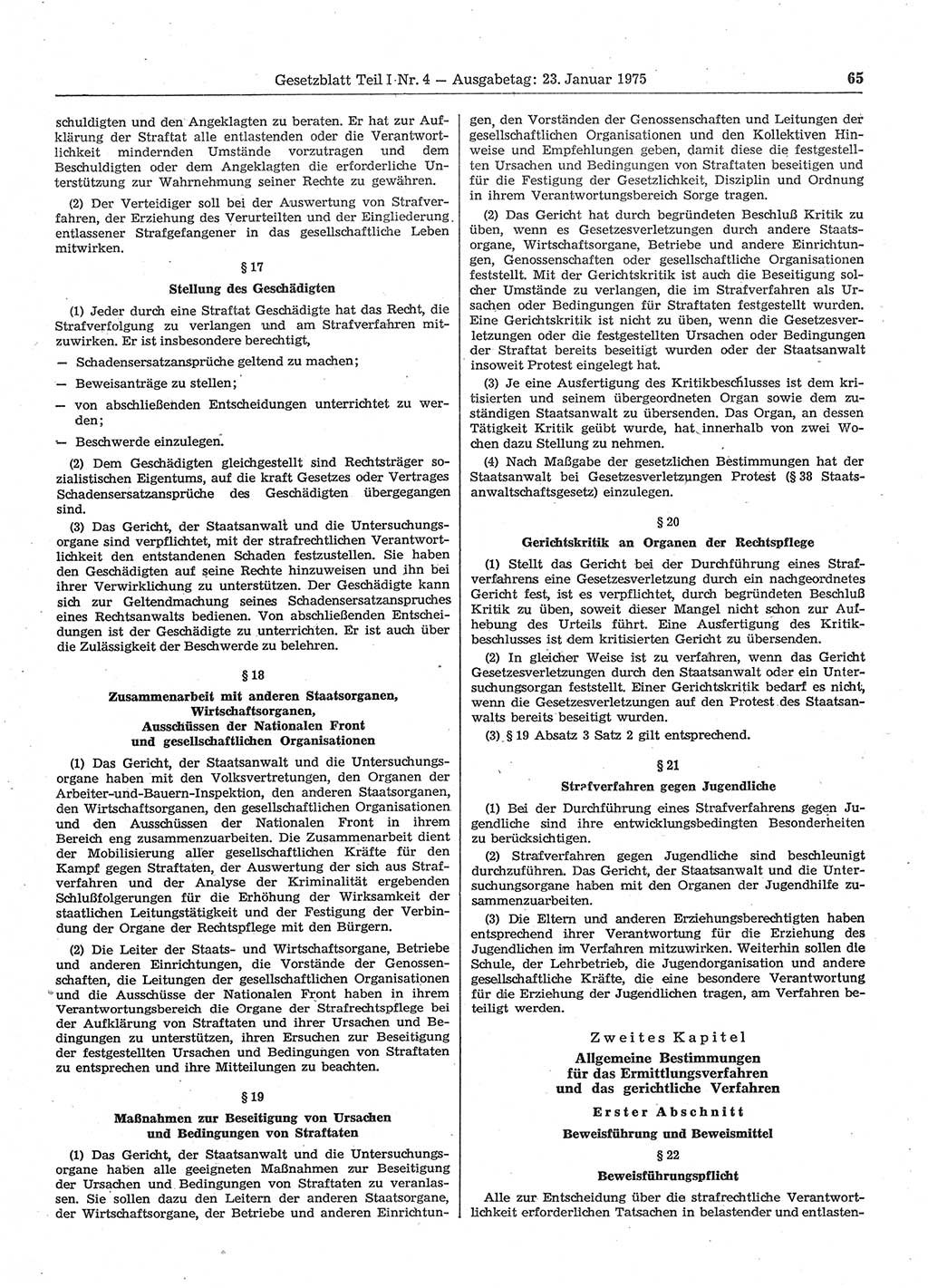 Gesetzblatt (GBl.) der Deutschen Demokratischen Republik (DDR) Teil Ⅰ 1975, Seite 65 (GBl. DDR Ⅰ 1975, S. 65)