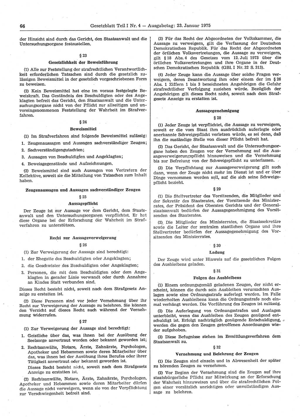 Gesetzblatt (GBl.) der Deutschen Demokratischen Republik (DDR) Teil Ⅰ 1975, Seite 66 (GBl. DDR Ⅰ 1975, S. 66)