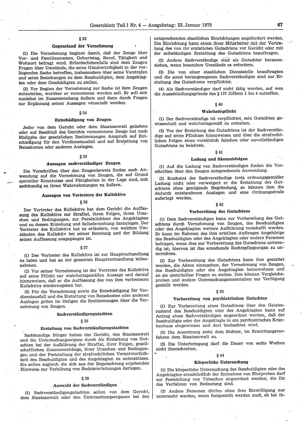 Gesetzblatt (GBl.) der Deutschen Demokratischen Republik (DDR) Teil Ⅰ 1975, Seite 67 (GBl. DDR Ⅰ 1975, S. 67)