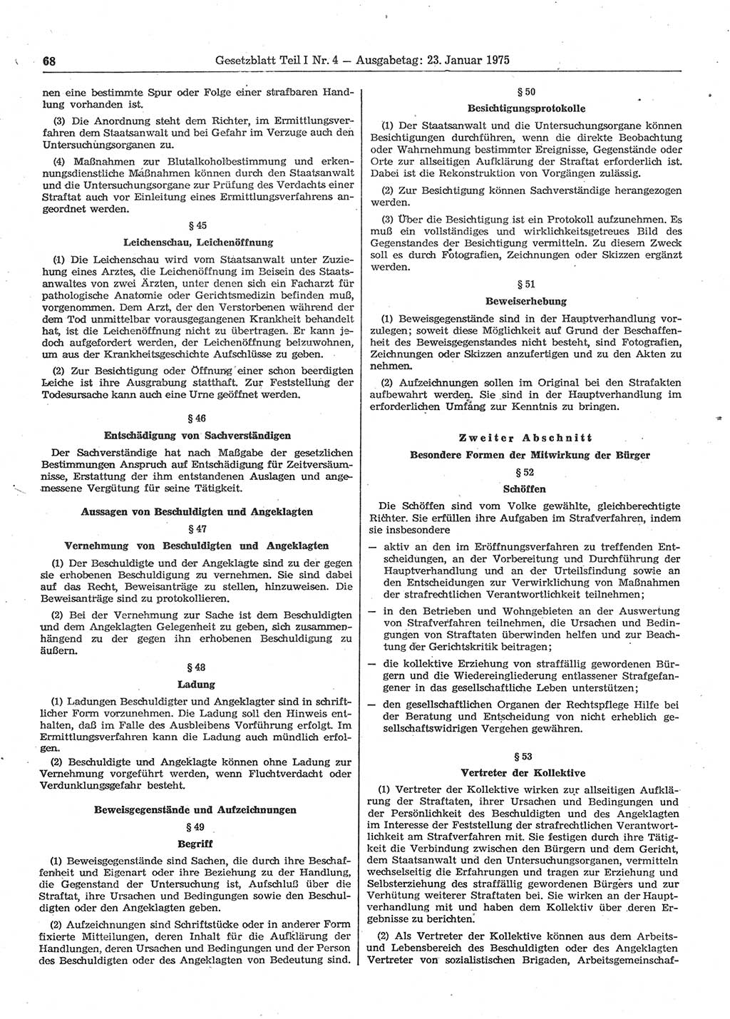 Gesetzblatt (GBl.) der Deutschen Demokratischen Republik (DDR) Teil Ⅰ 1975, Seite 68 (GBl. DDR Ⅰ 1975, S. 68)