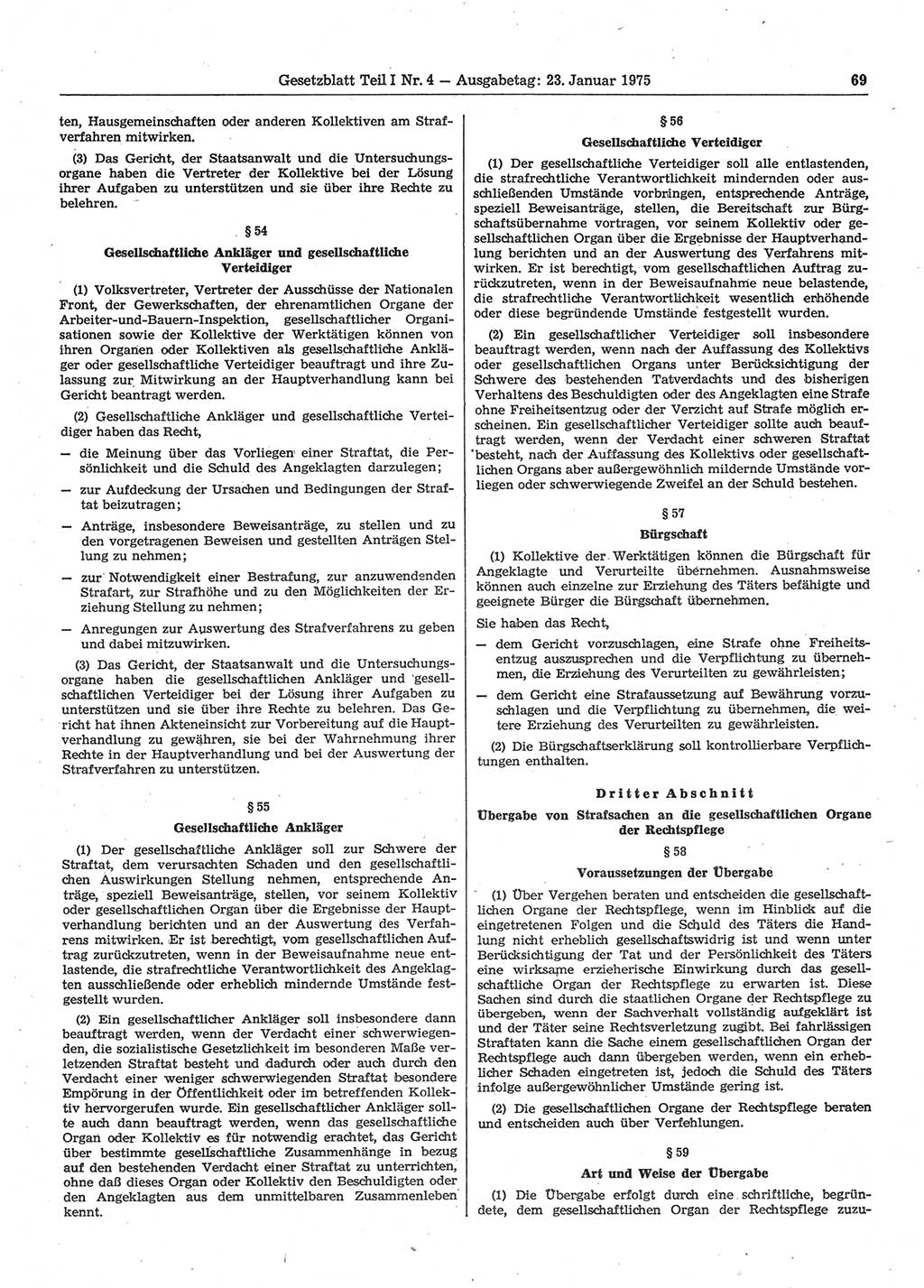 Gesetzblatt (GBl.) der Deutschen Demokratischen Republik (DDR) Teil Ⅰ 1975, Seite 69 (GBl. DDR Ⅰ 1975, S. 69)